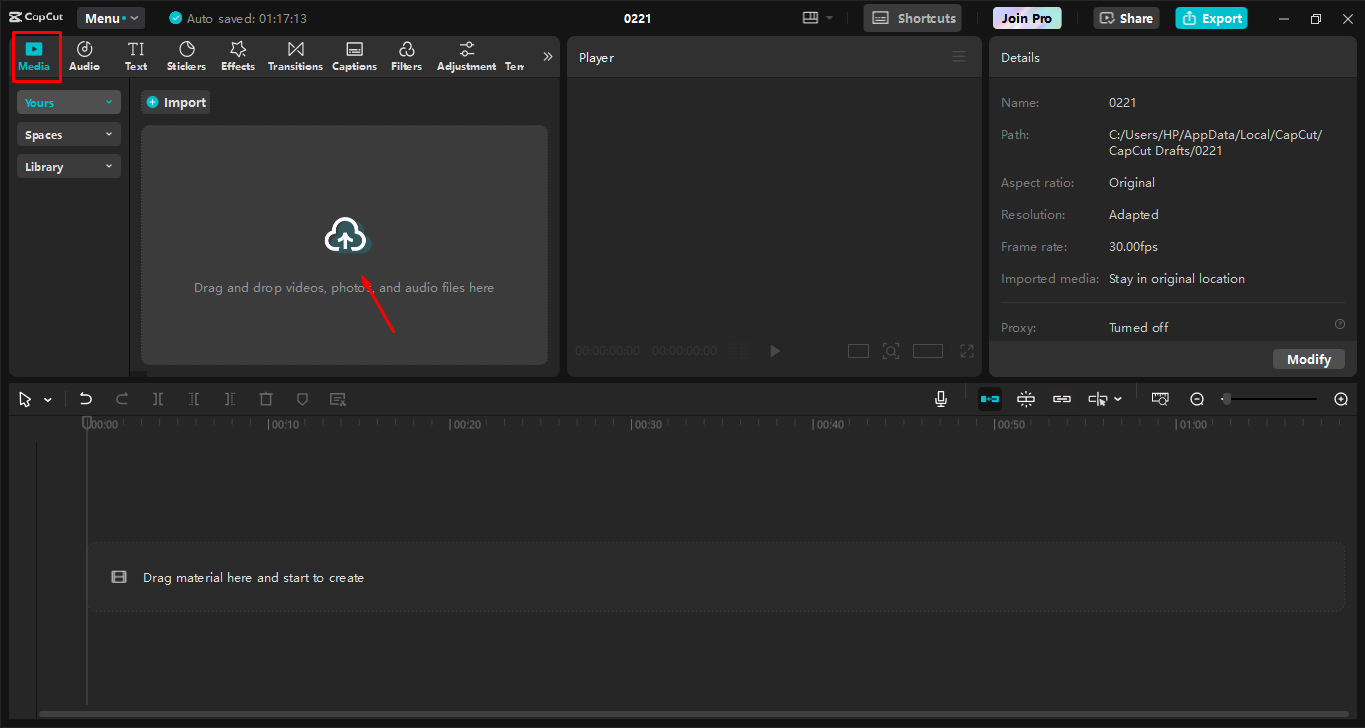 Videó feltöltése a CapCut asztali videószerkesztőjébe