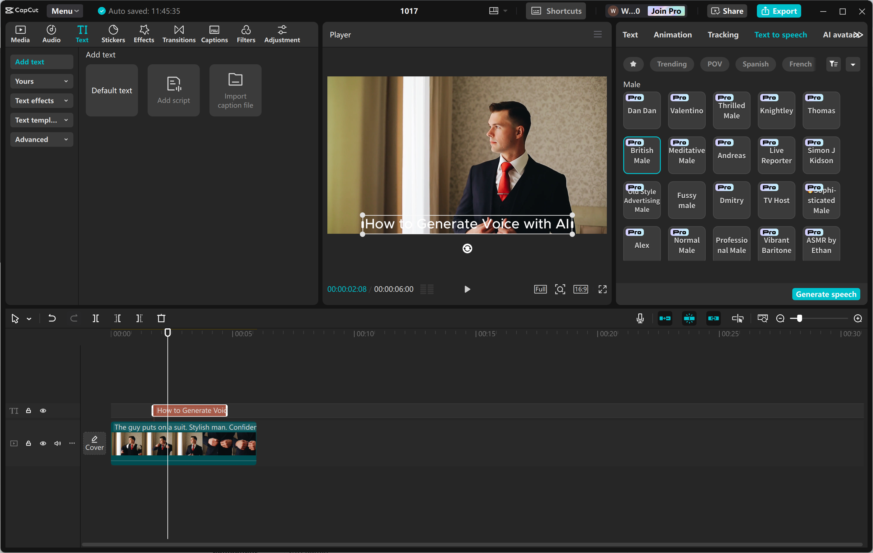 Interface of the CapCut desktop video editor - the best way to generate British AI voice