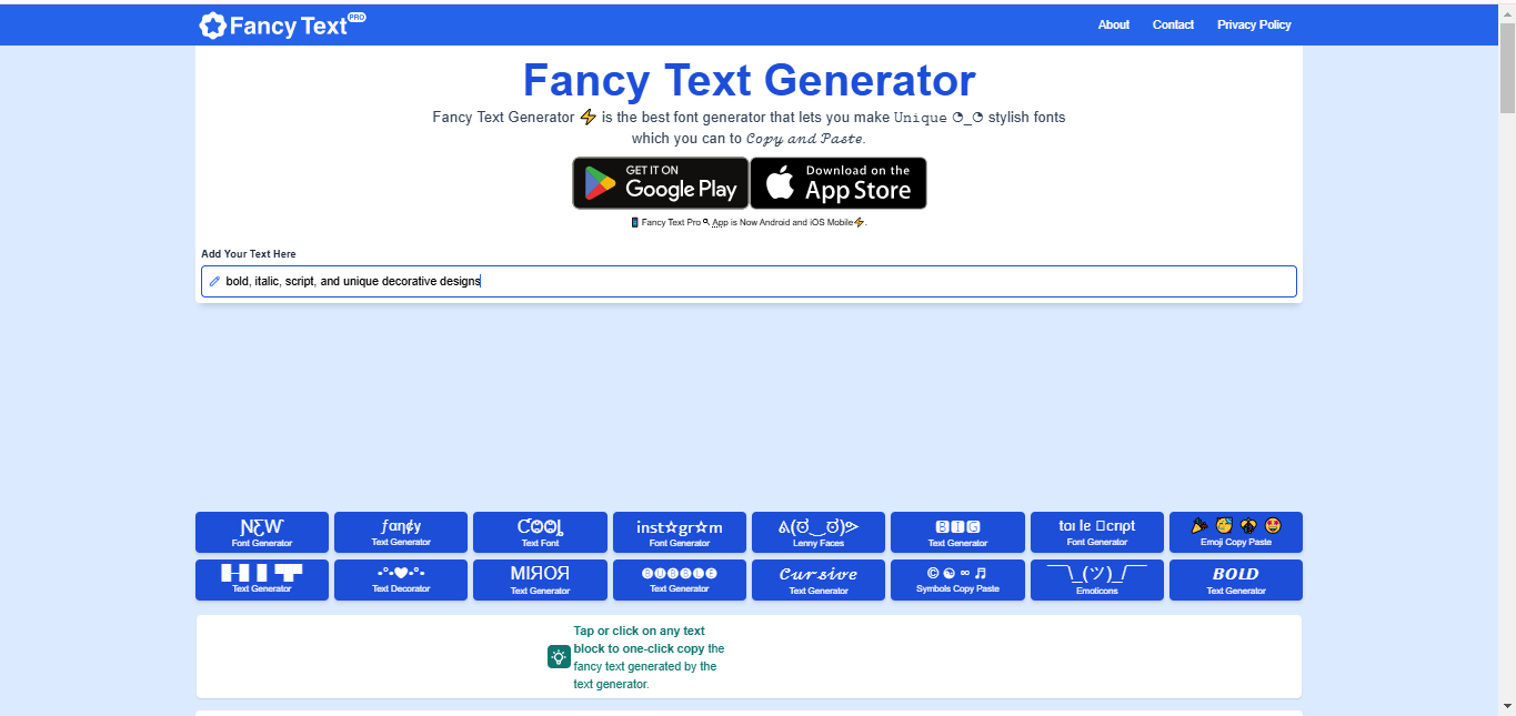 Interface de Fancytextpro - l'un des meilleurs outils pour obtenir une écriture de texte sophistiquée
