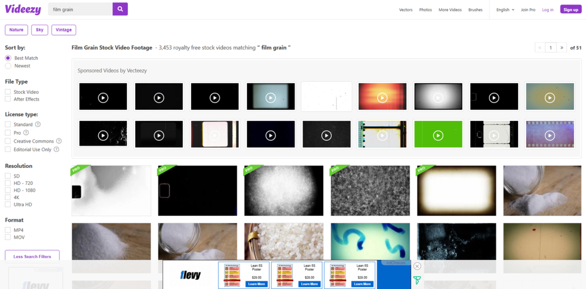 Interface of Videezy - the fastest way to download film grain overlays