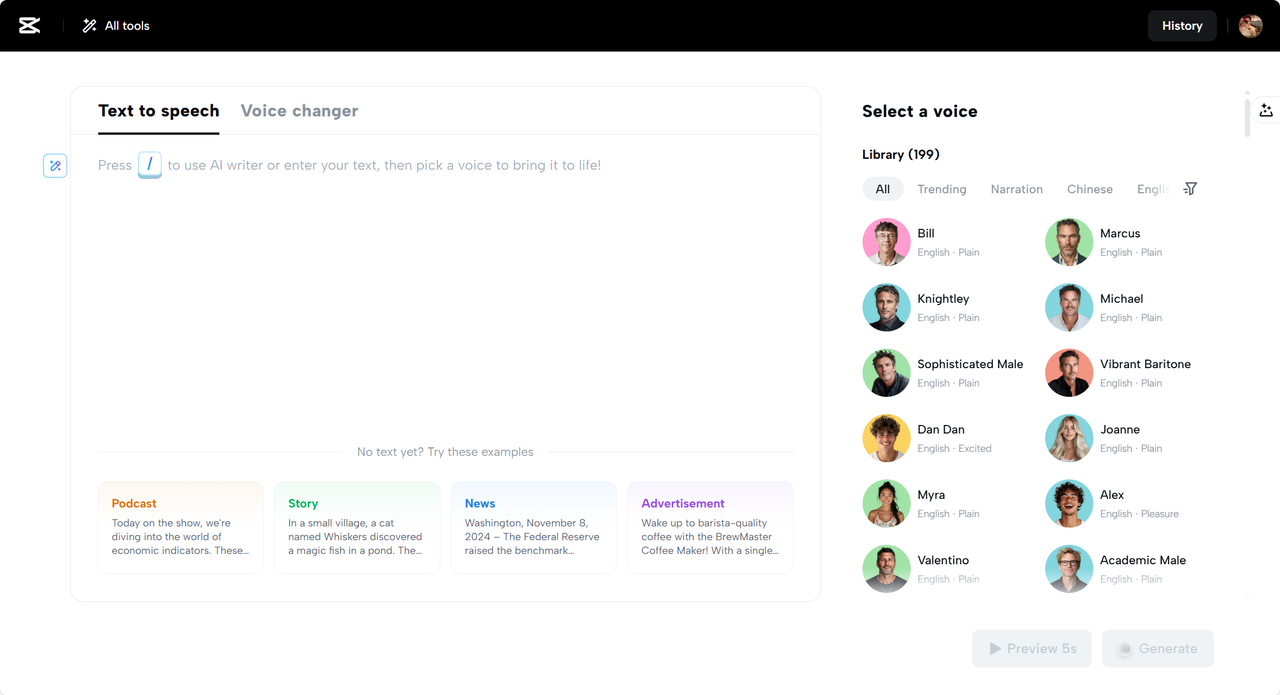 CapCut Web's text to speech tool