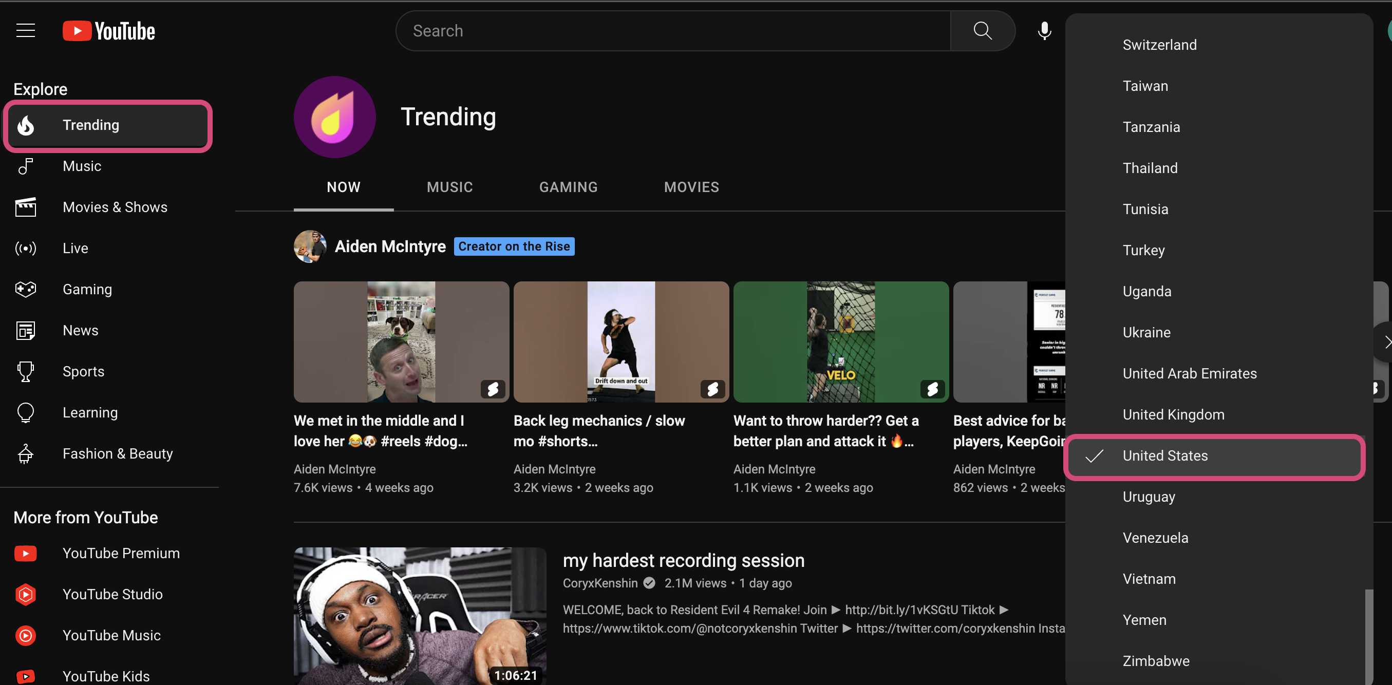 YouTube Trending Page