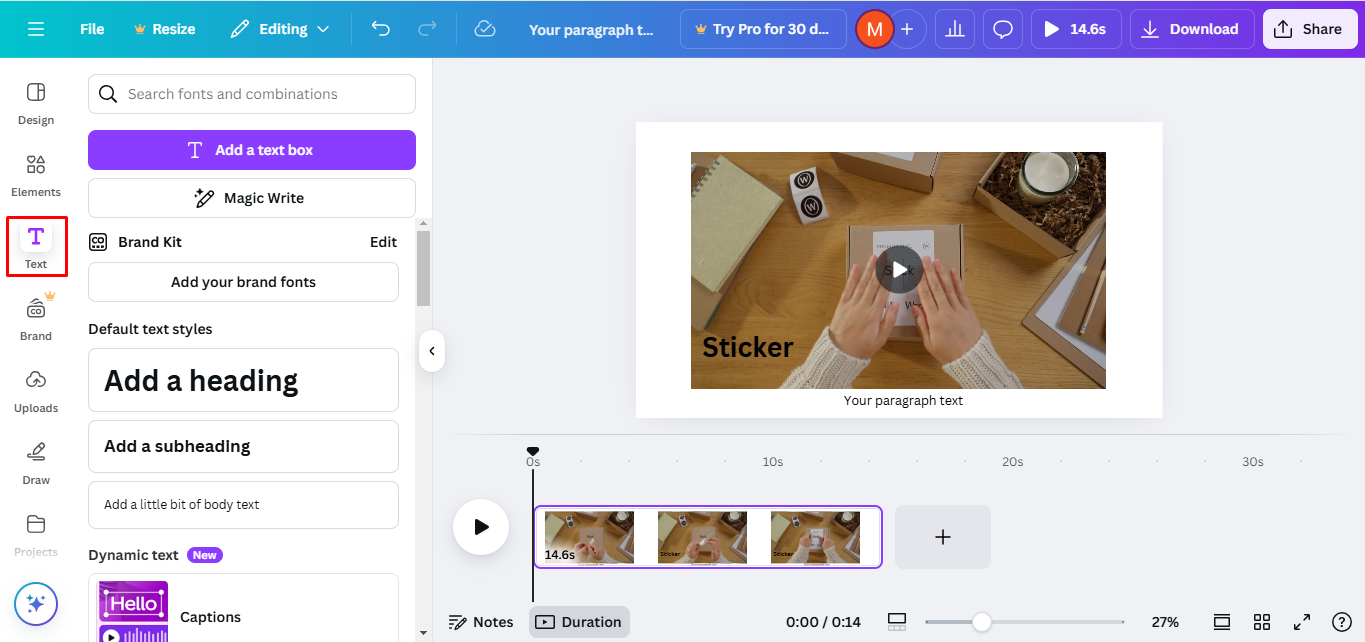 Interface of Canva - a well-known tool to write text in video online