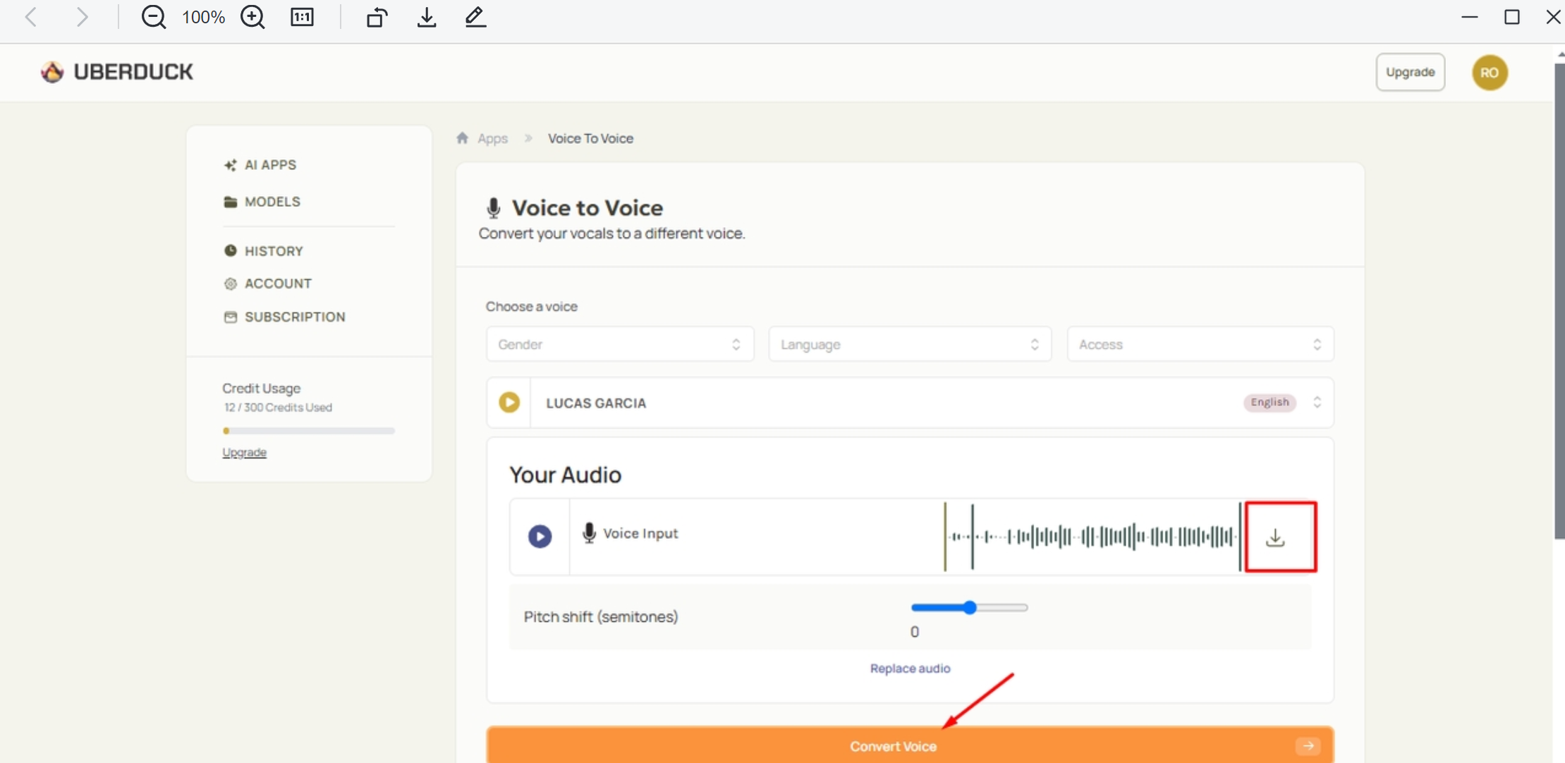 Converting the audio to generate an AI rapper voice in Uberduck