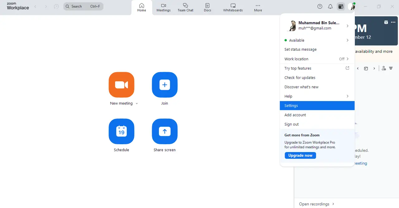 Abra a Configuração do Zoom