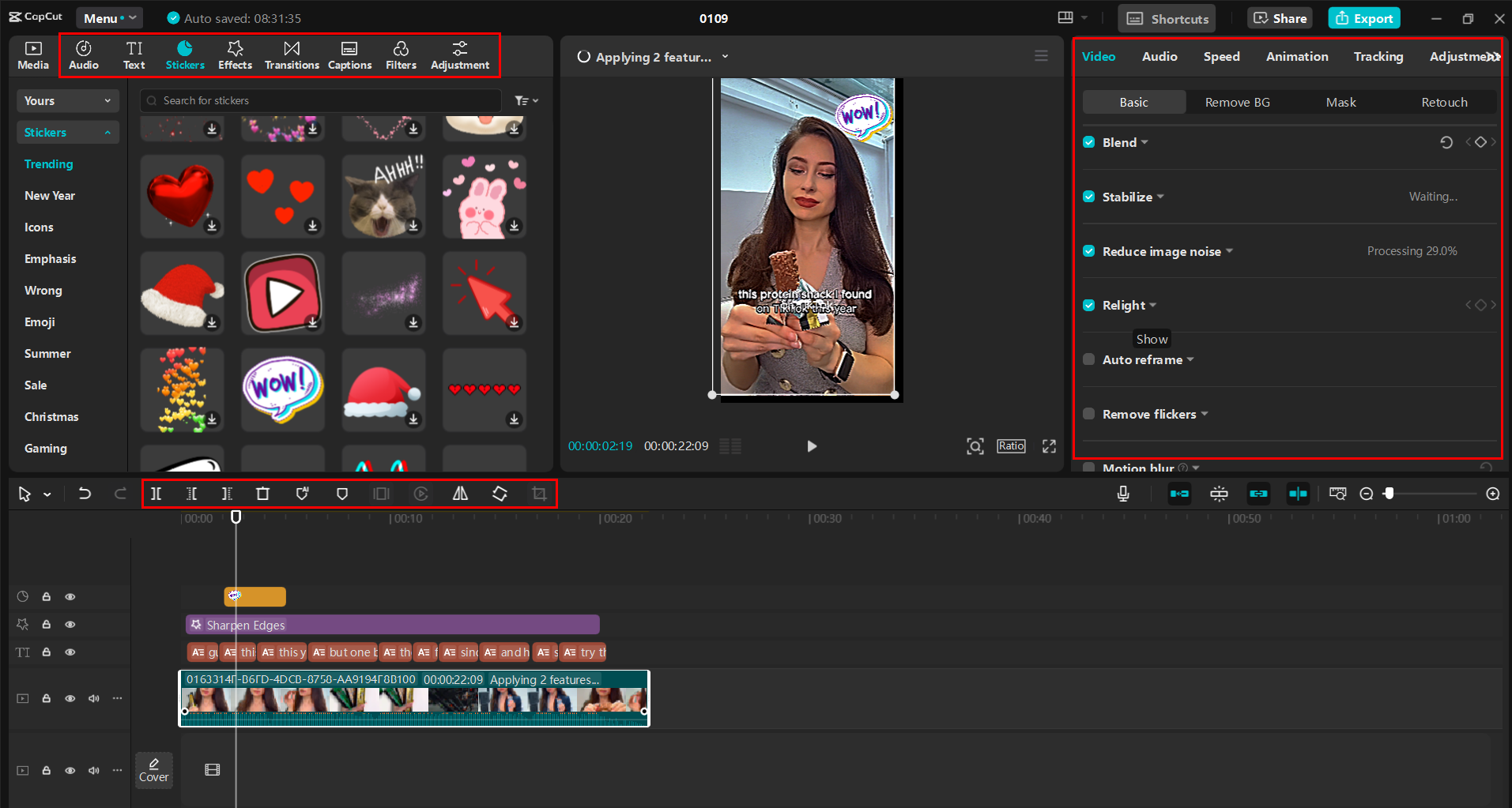 Interface of the CapCut desktop video editor edits the downloaded Instagram short video