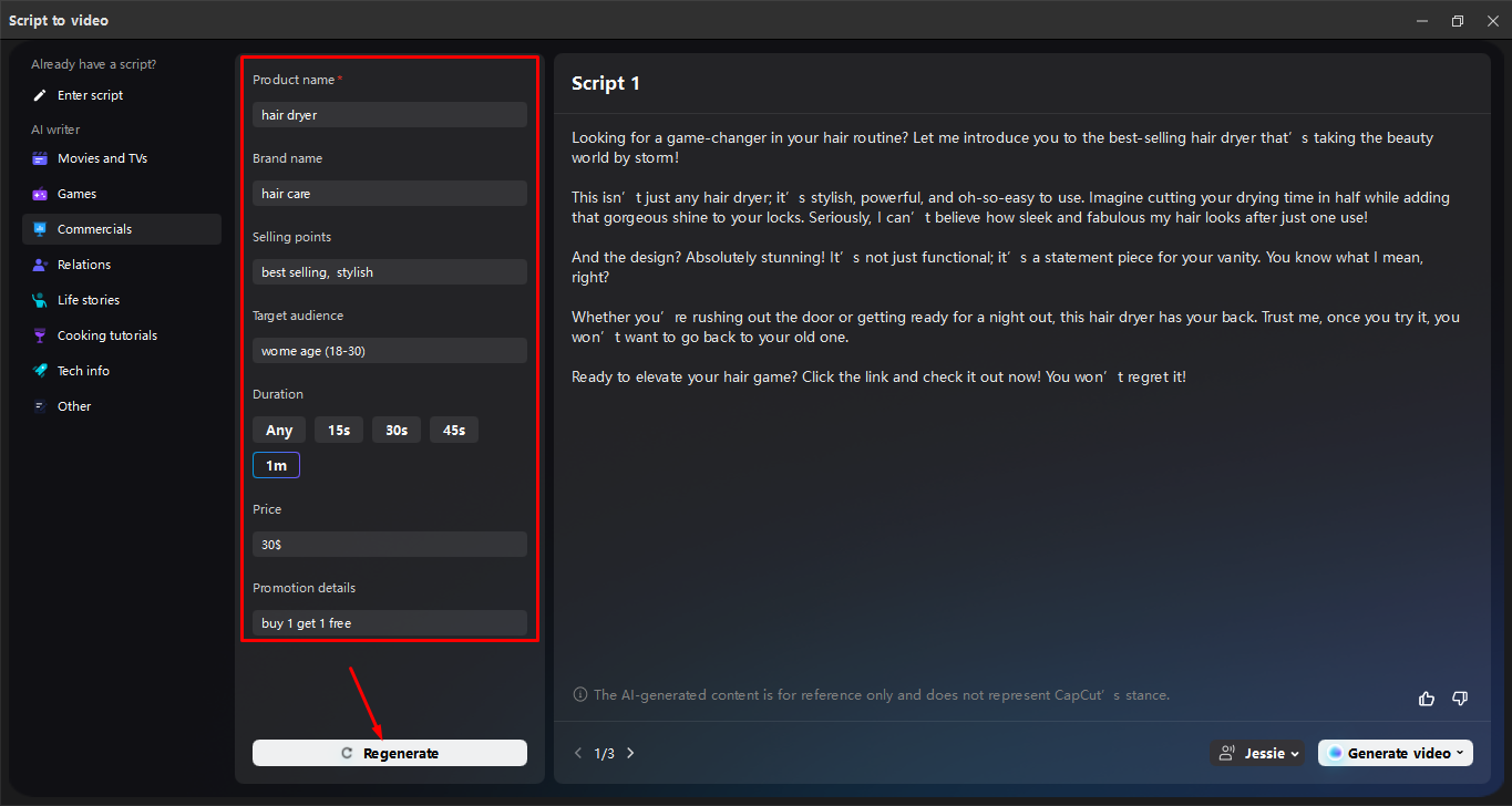 Generating script using AI in the CapCut desktop video editor