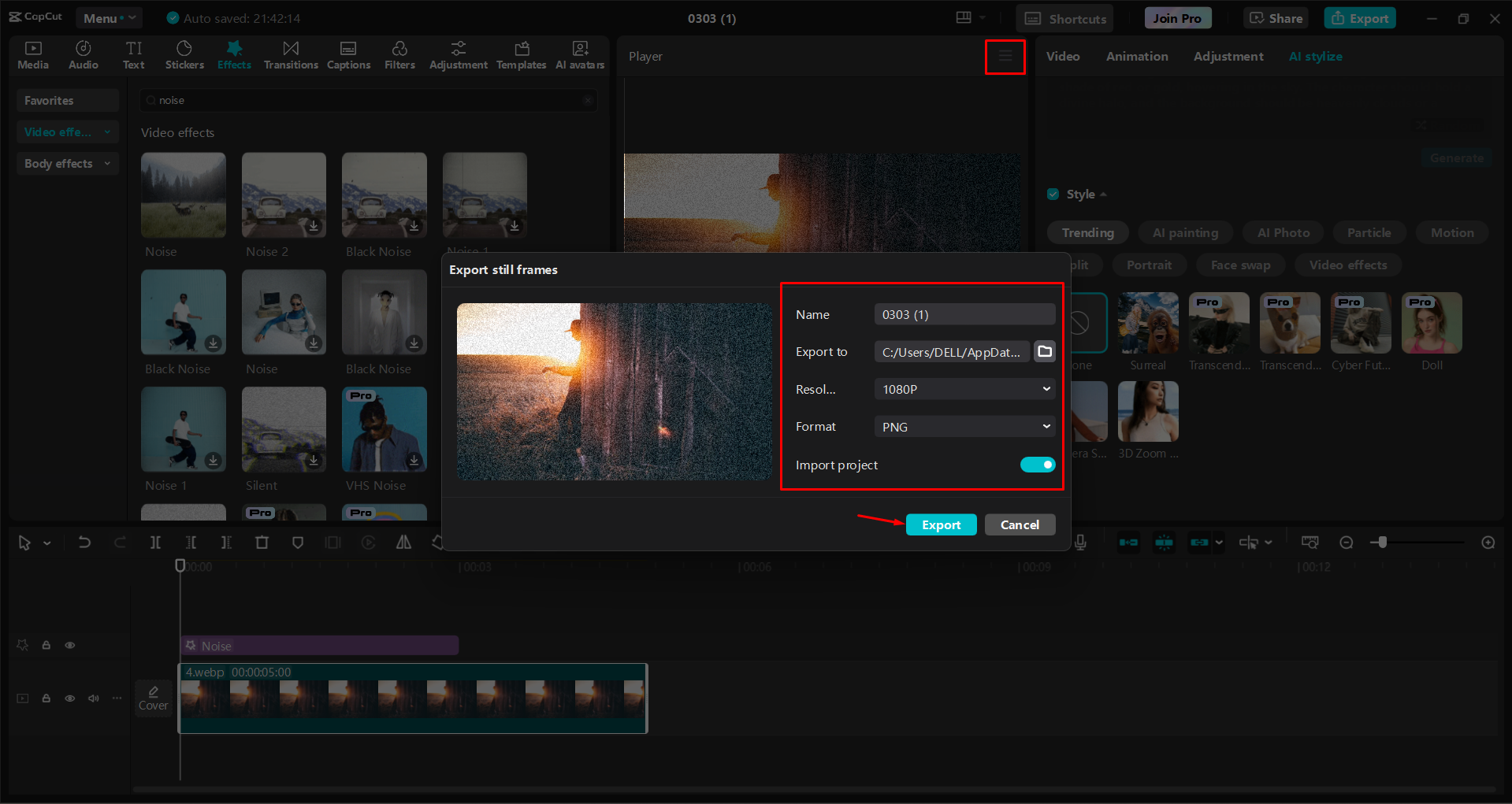 Exporting still frames from the CapCut desktop video editor