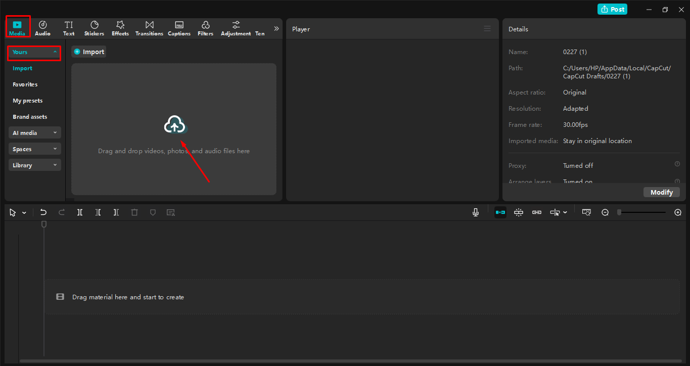 Memuat naik video ke editor video desktop CapCut