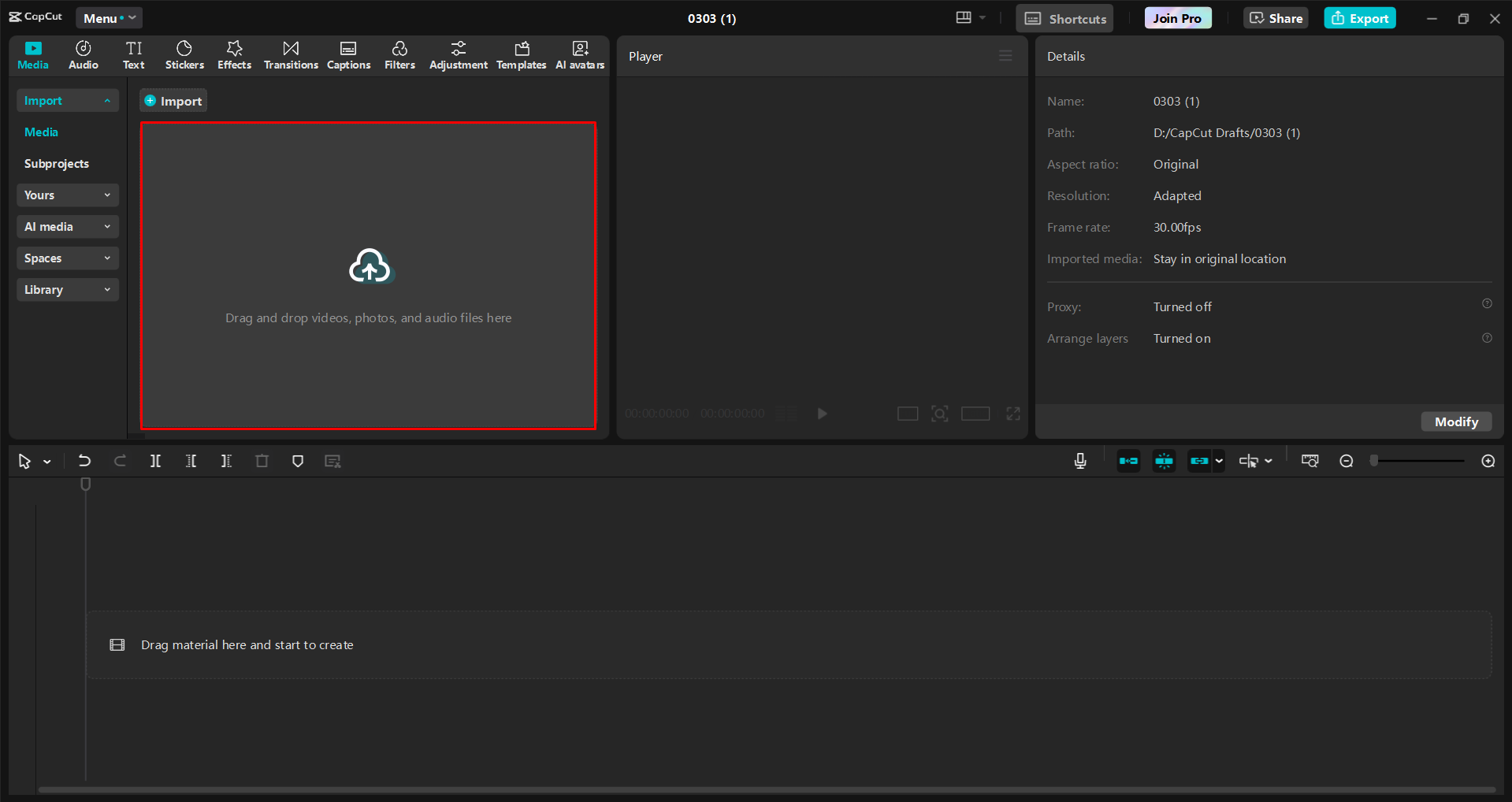 Importieren eines Bildes in den CapCut Desktop-Video-Editor