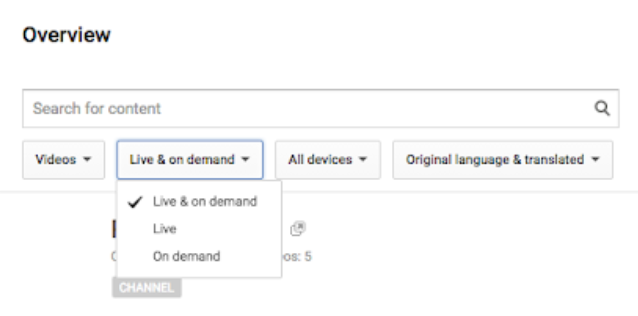 Selecting live & on-demand data in YouTube Studio