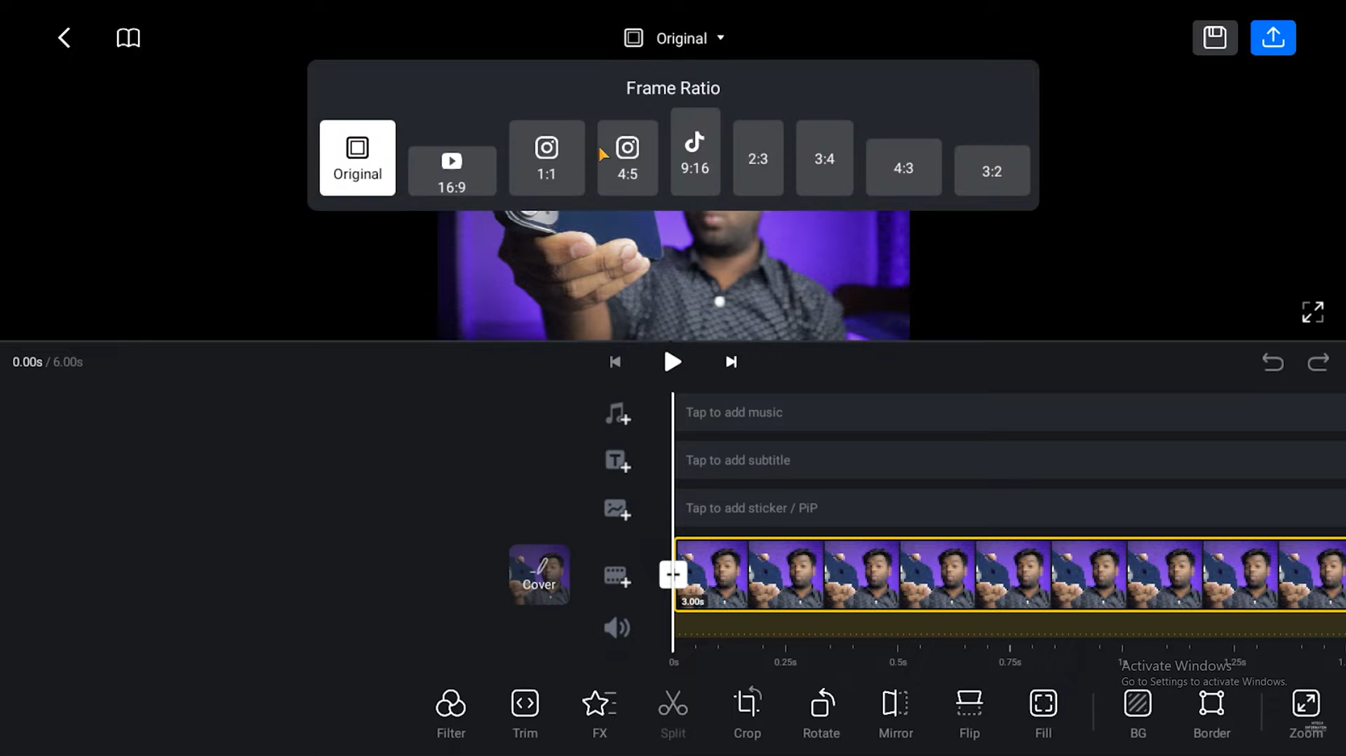 Editing a video in the VN video editor for Instagram reels