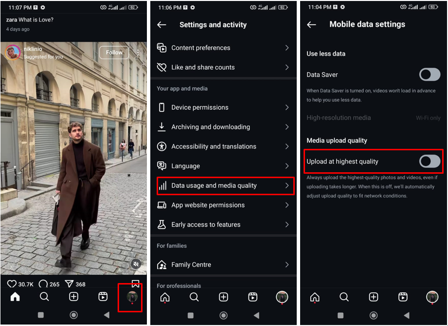 รูปภาพแสดงวิธีการเปิดใช้งานตัวเลือกการอัปโหลดคุณภาพสูงบน Instagram