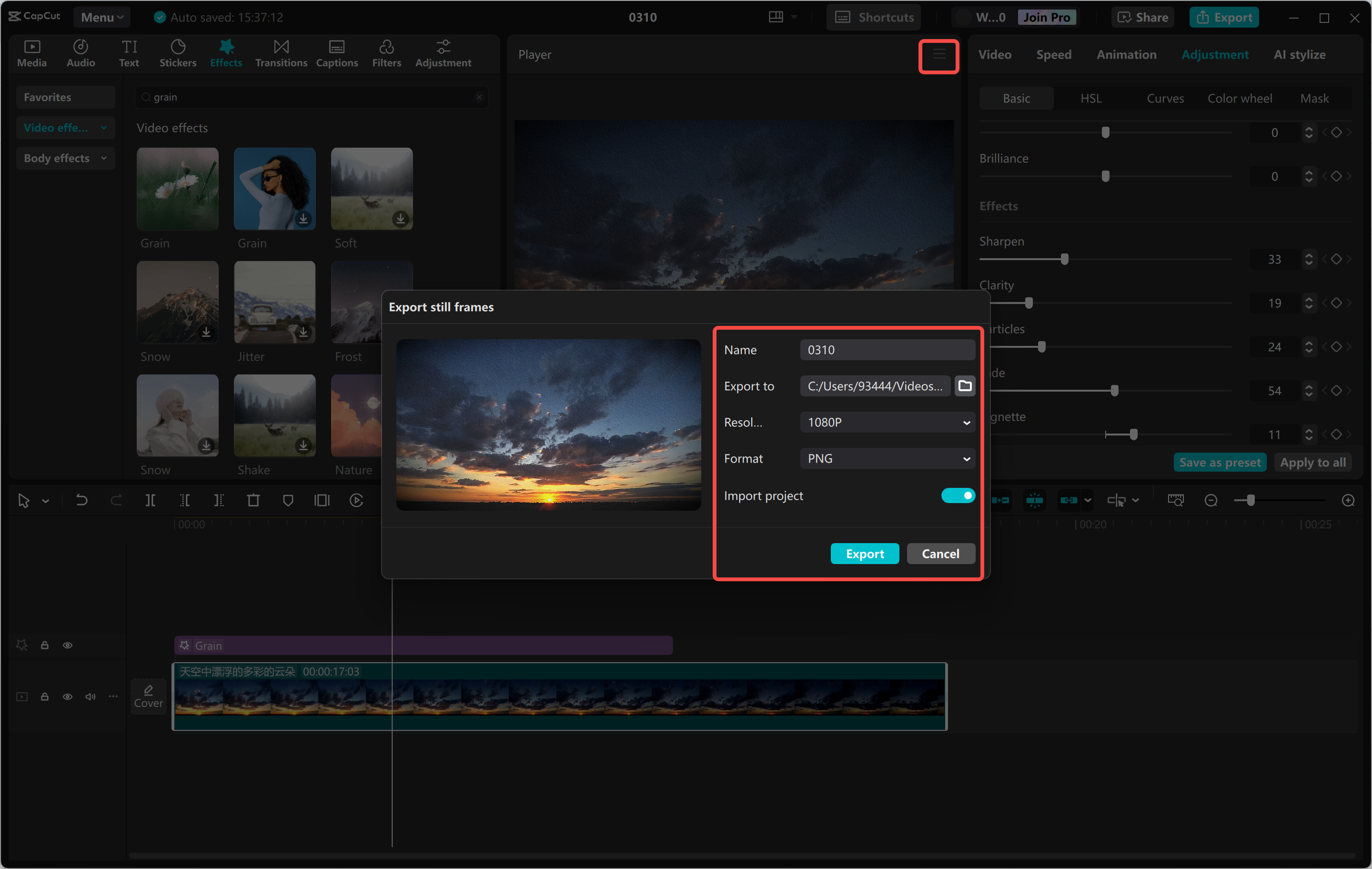 Exporting still frames from the CapCut desktop video editor