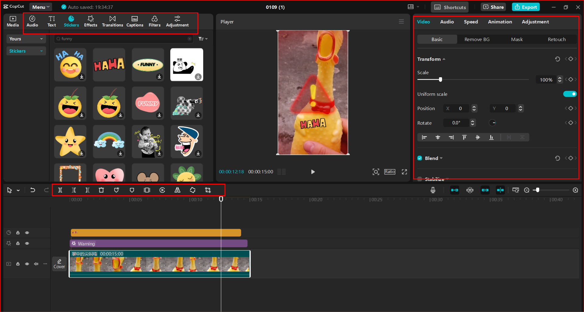 The interface of the CapCut desktop video editor, editing funny YouTube shorts