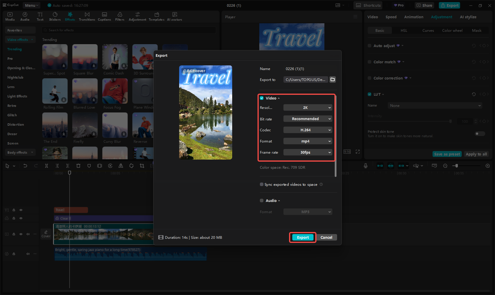 Export the travel Reel