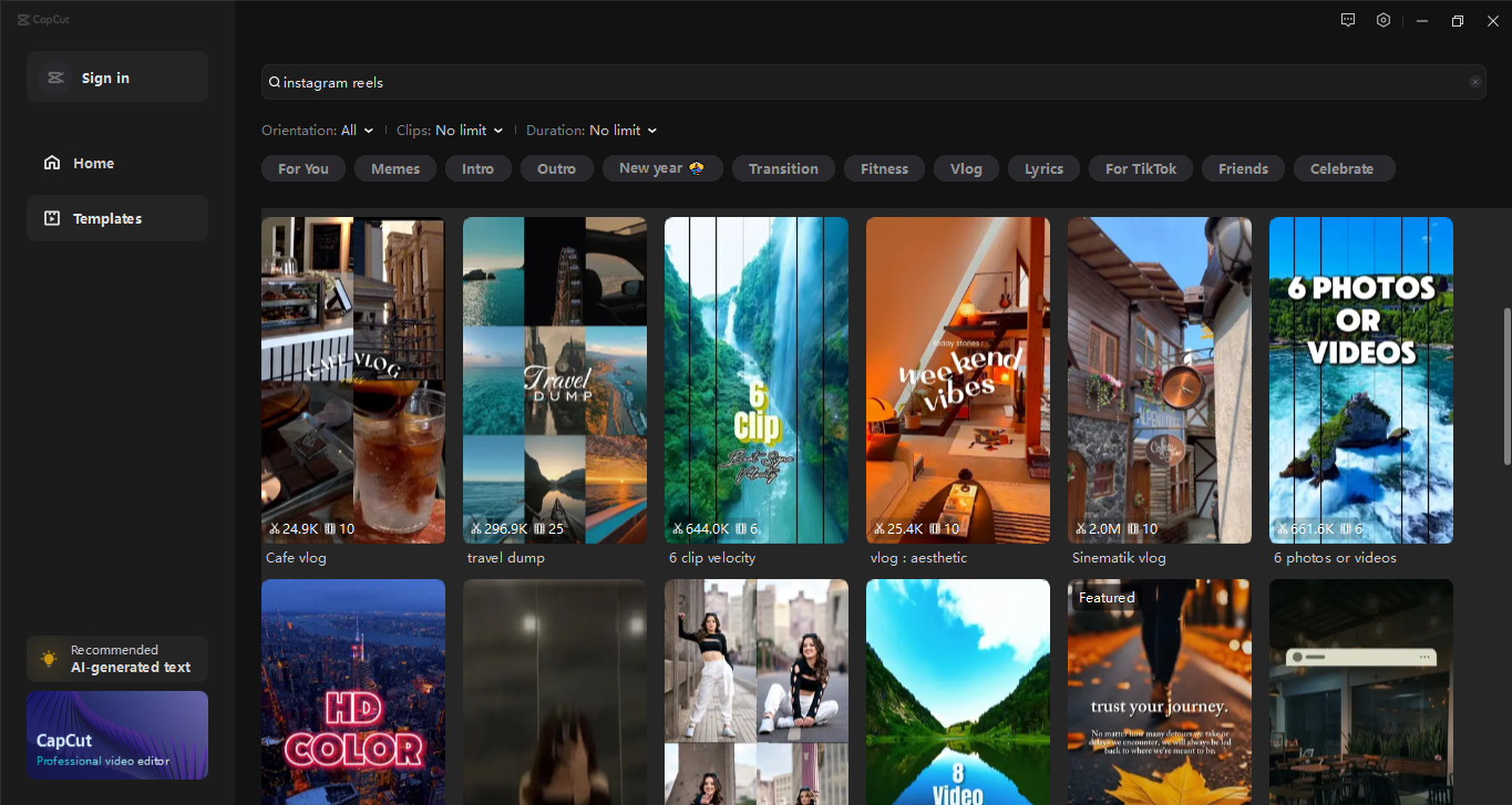 Interface of CapCut desktop video editor - the best tool to get Instagram reels overlay templates