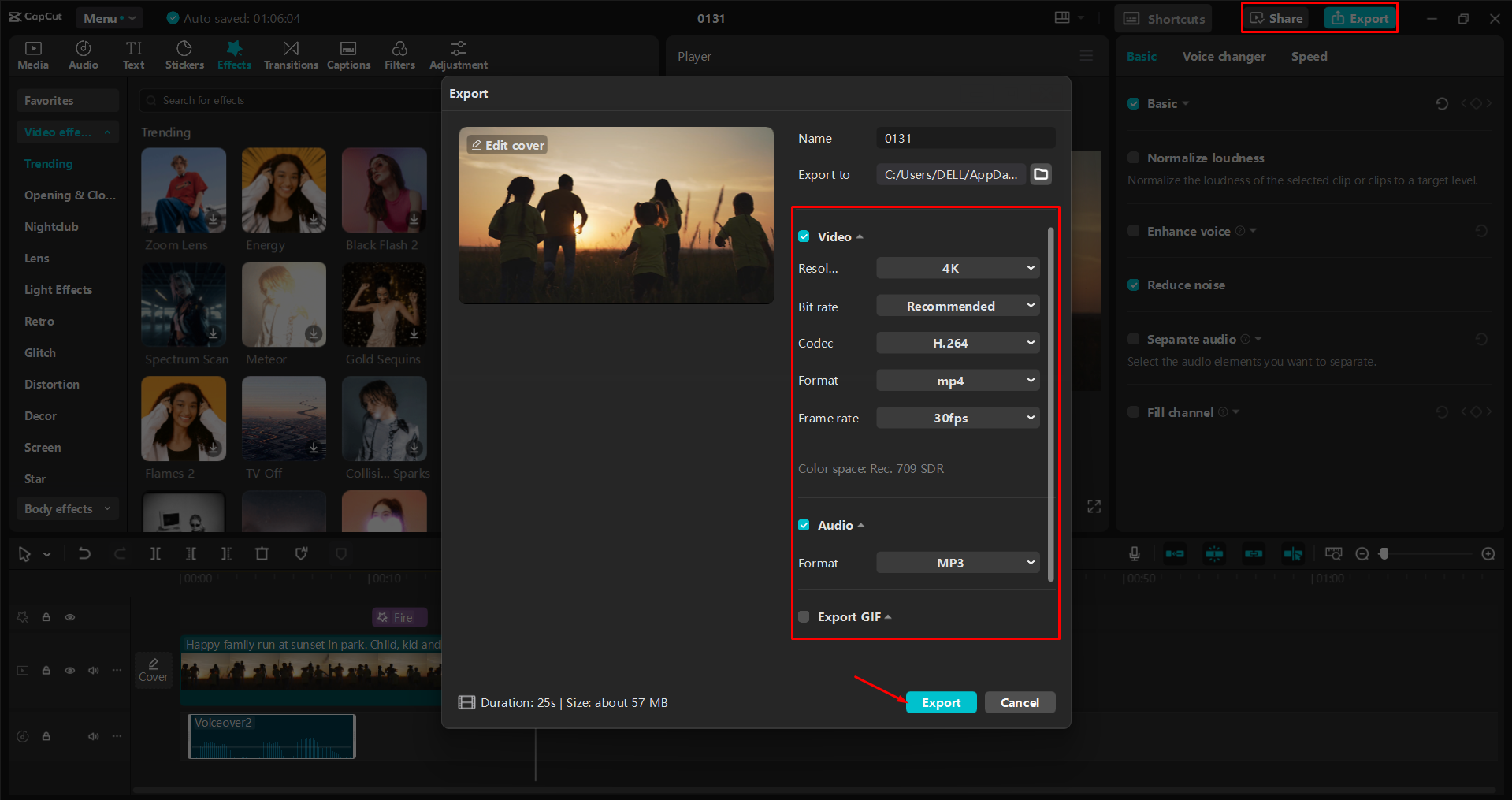 Exporting a video from the CapCut desktop video editor