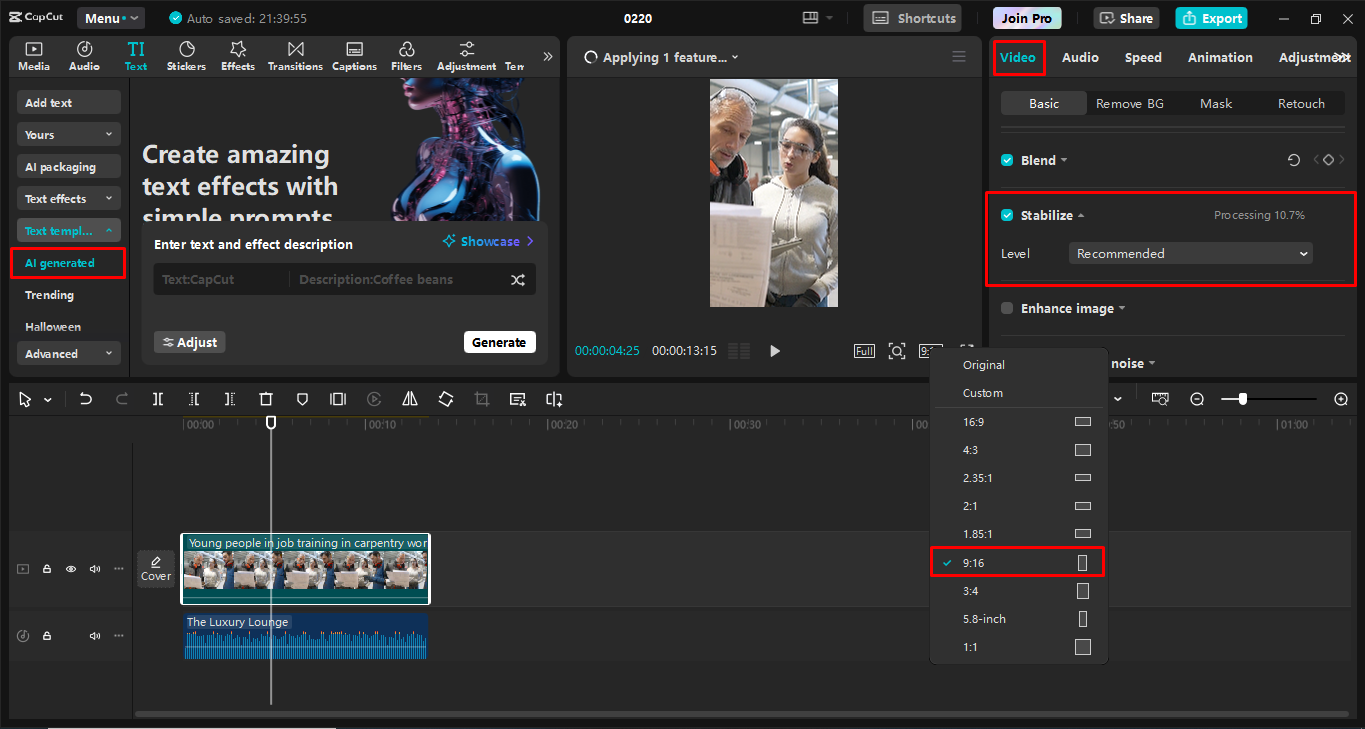 Mengedit reel di editor video desktop CapCut