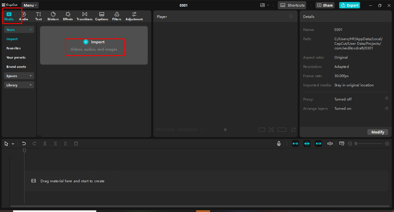 Importing video in the CapCut desktop video editor