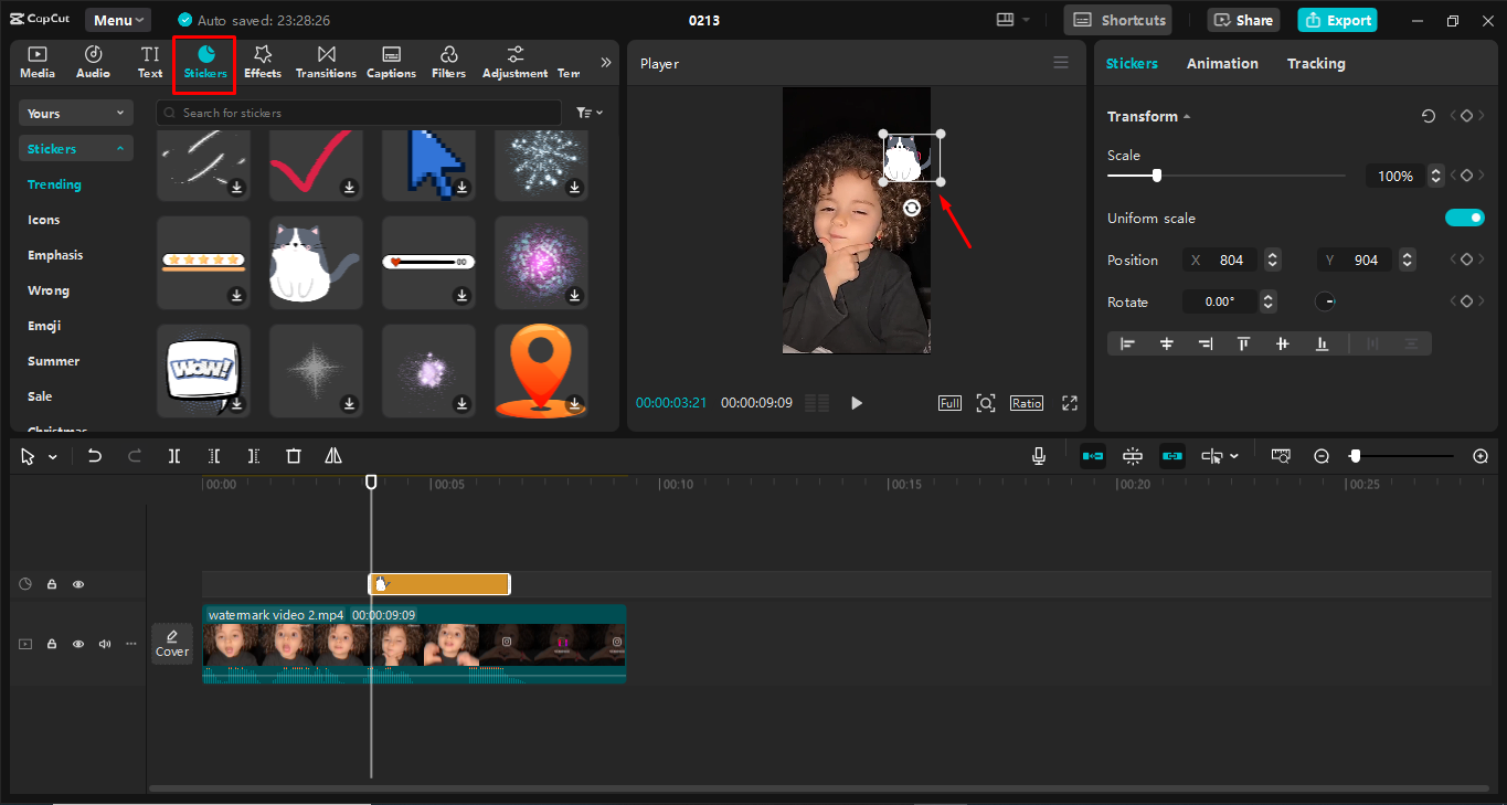 Utilizzo di adesivi per coprire la filigrana nell' CapCut editor video desktop