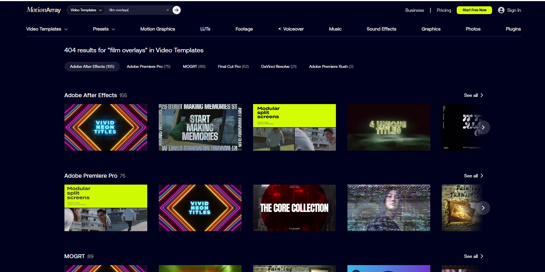 Interface of Motion Array-下載免費膠片覆蓋層的線上網站