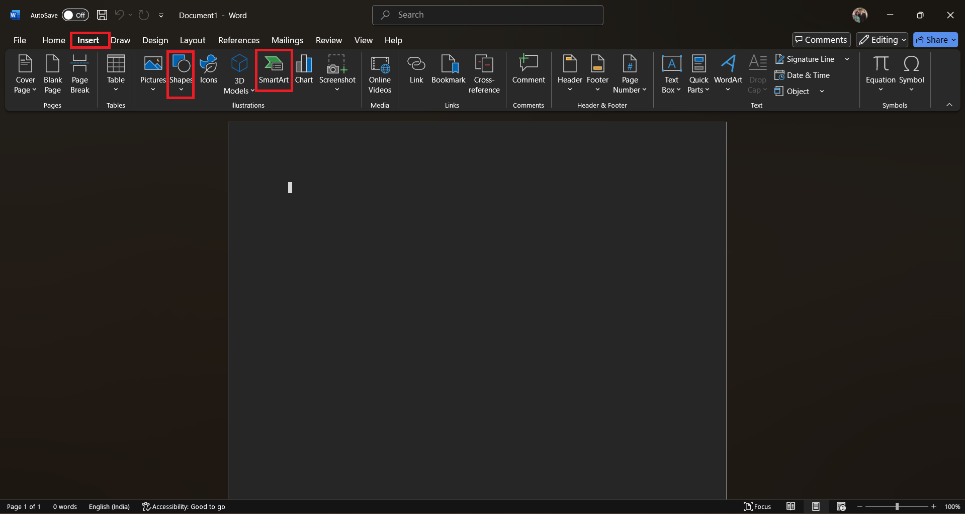 Ipasok ang 'Mga Hugis o' SmartArt '