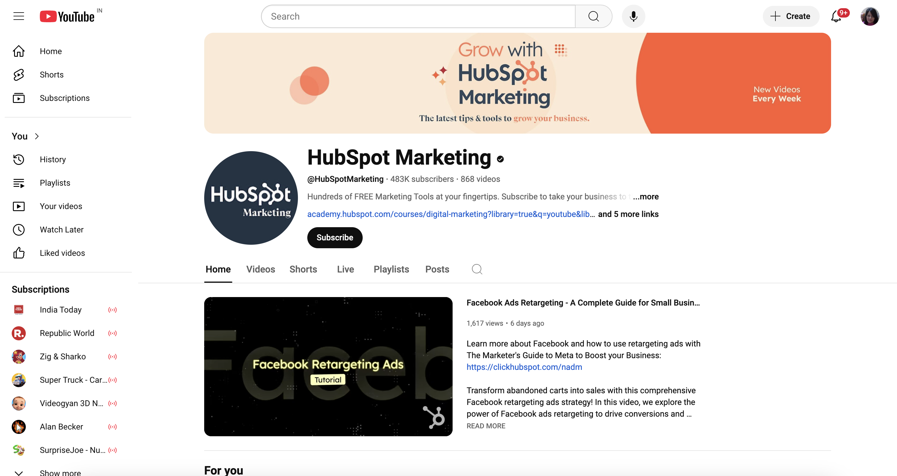 HubSpot digital marketing YouTube channel