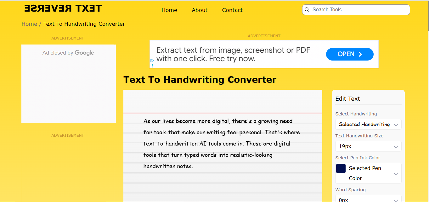 Interface of Reverse Text - a reliable tool to turn text into handwriting
