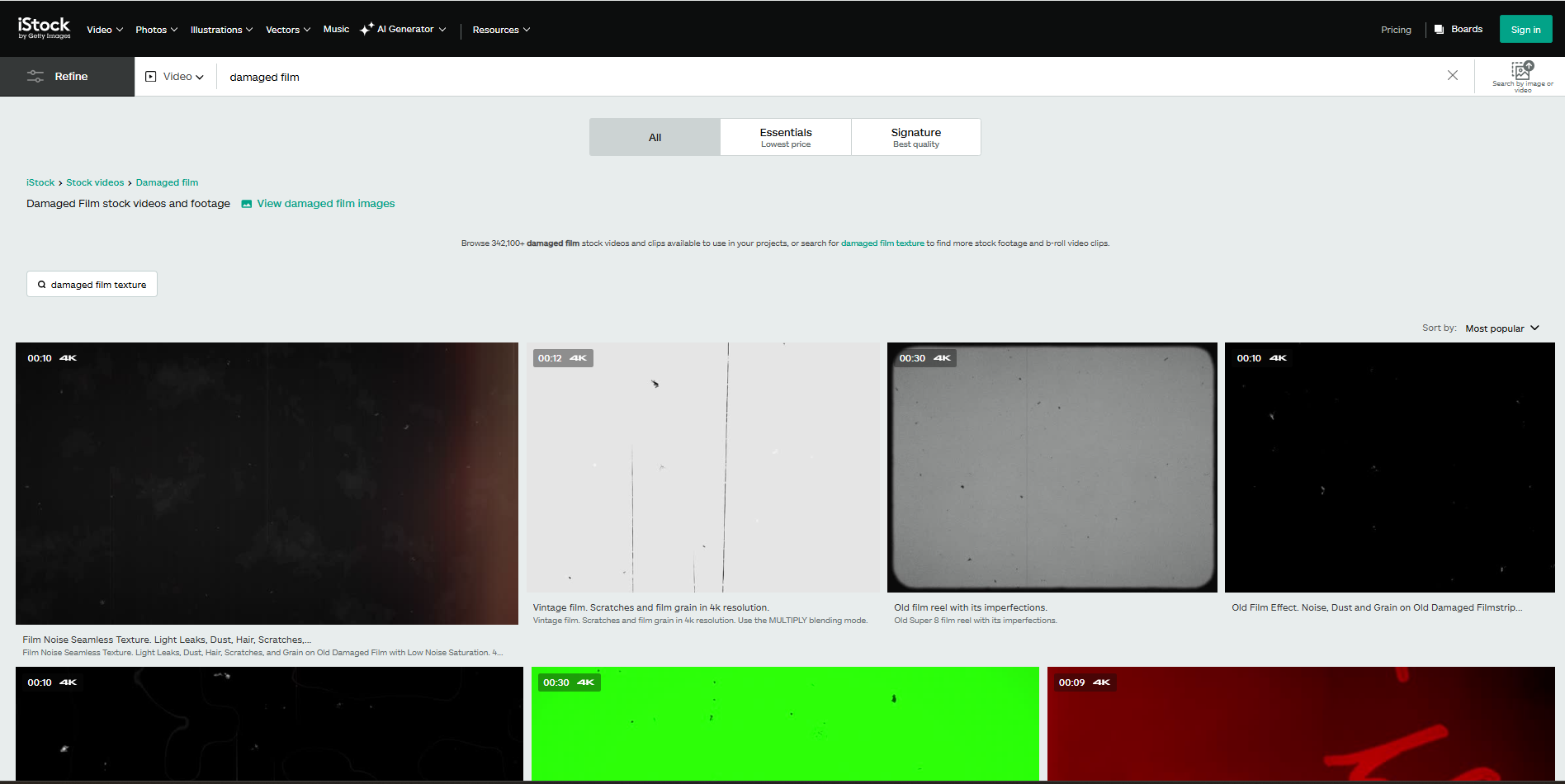 Interface of iStock - the best site for free damaged film overlays