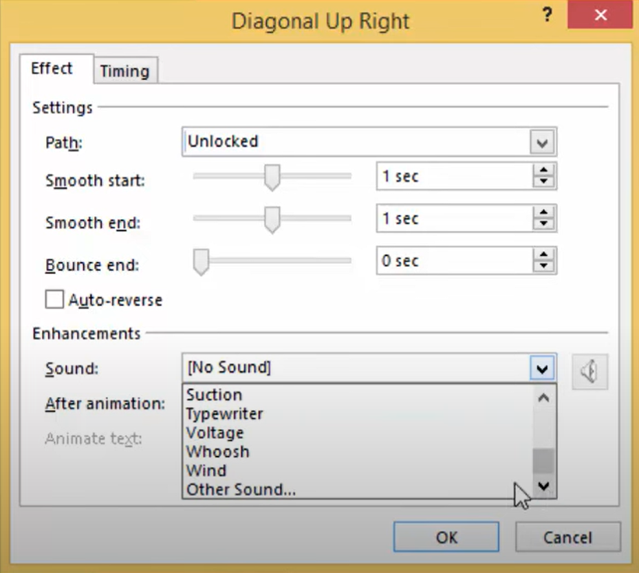 Applicazione dell'effetto sonoro all'animazione dell'effetto di digitazione di PowerPoint