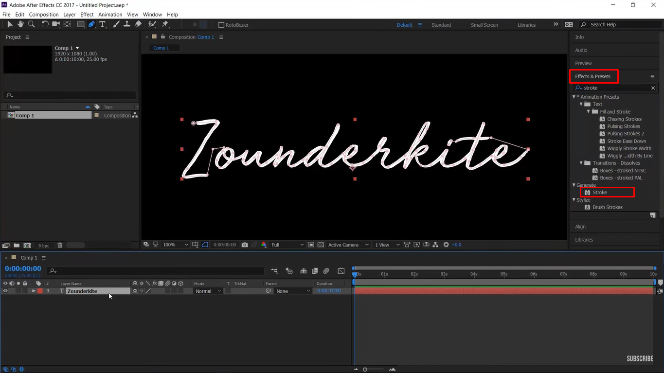 Application du trait dans After Effects pour l'écriture de texte