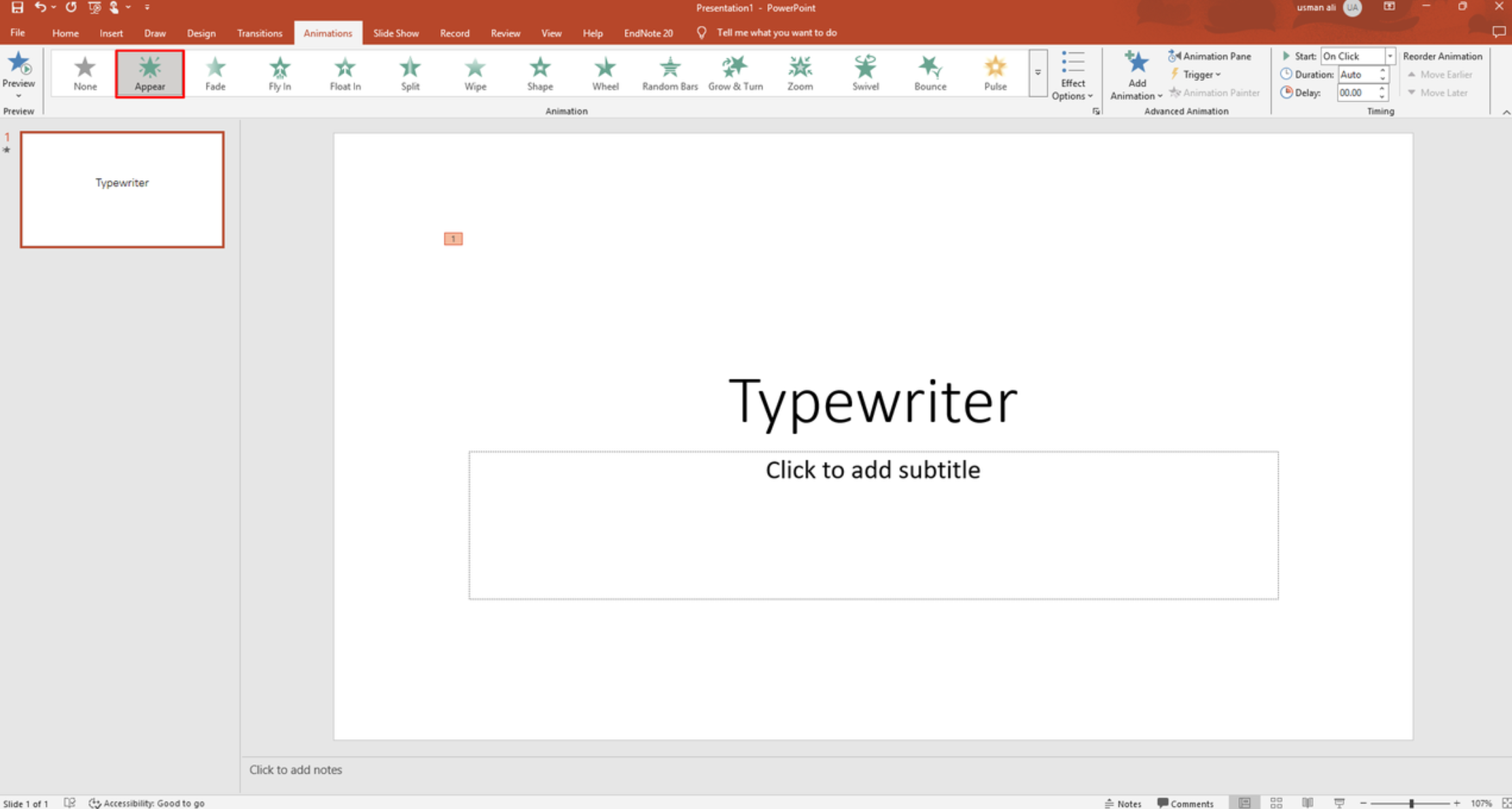 Cliccando su appare per l'animazione della macchina da scrivere PowerPoint