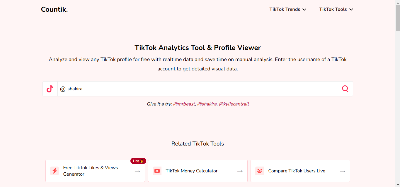 Interface of Countik - one of the best free TikTok analytics tool