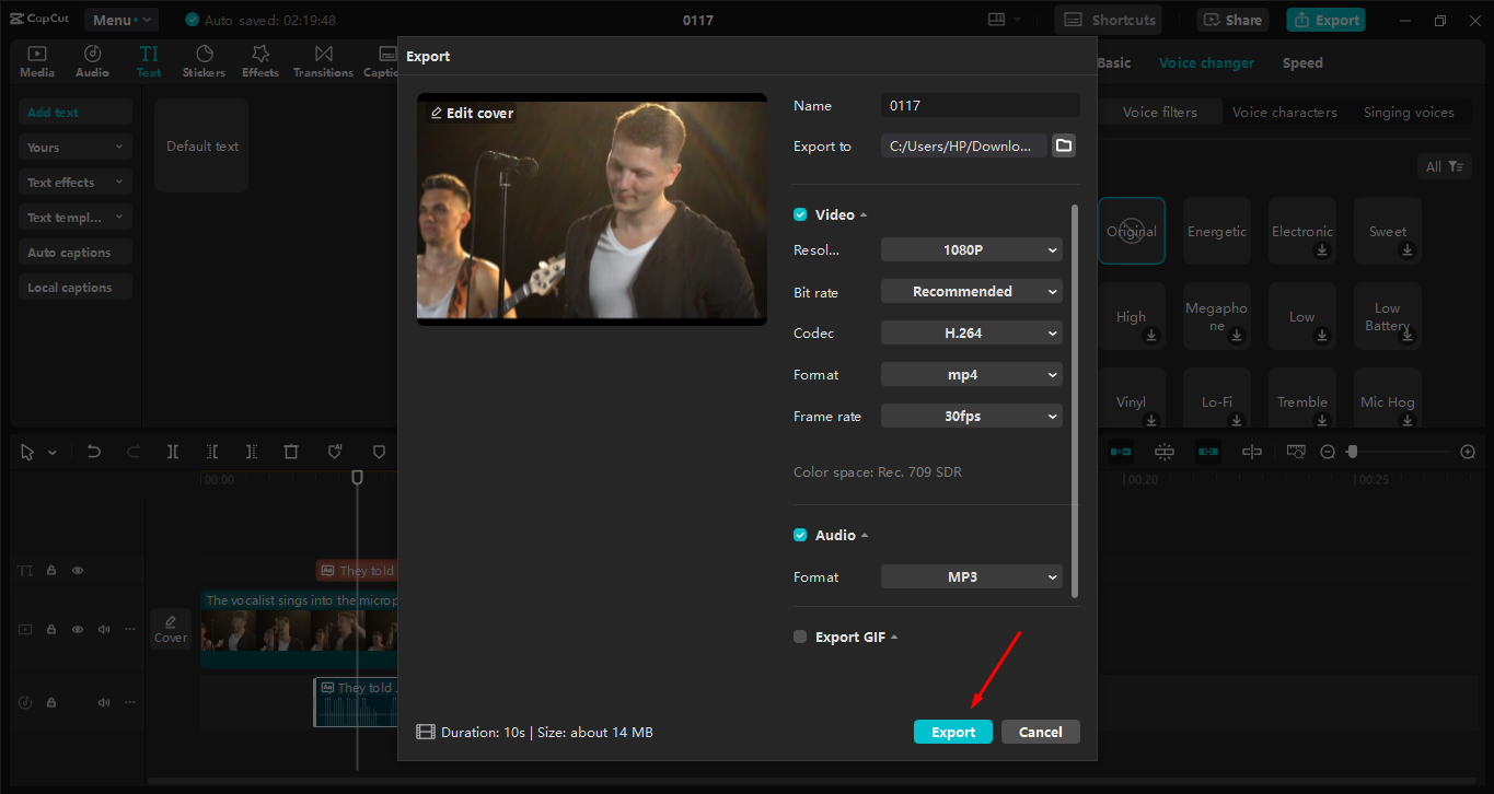 Exporting the video after creating an AI rapper voice from the CapCut desktop video editor