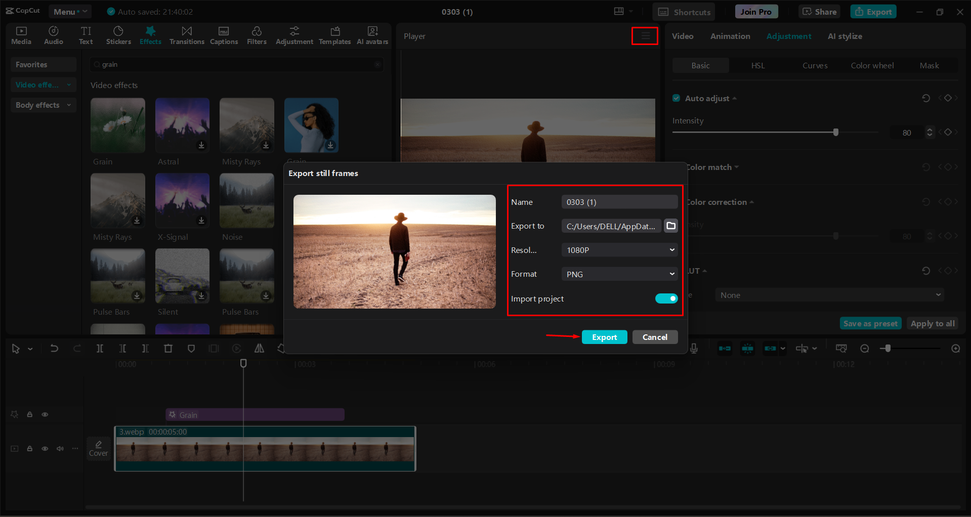Exporting still frames from videos in the CapCut desktop video editor