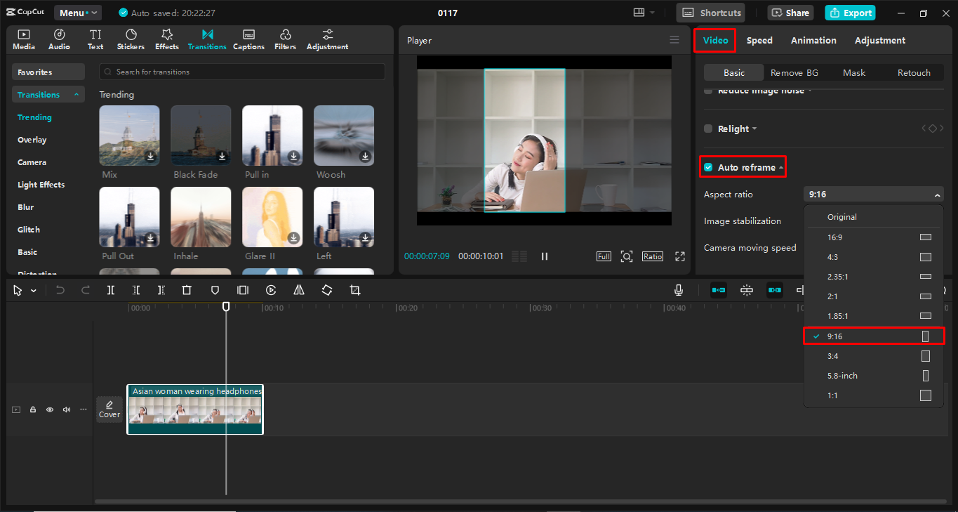 Налаштування розміру відео відповідно до формату YouTube Shorts у настільному відеоредакторі CapCutr