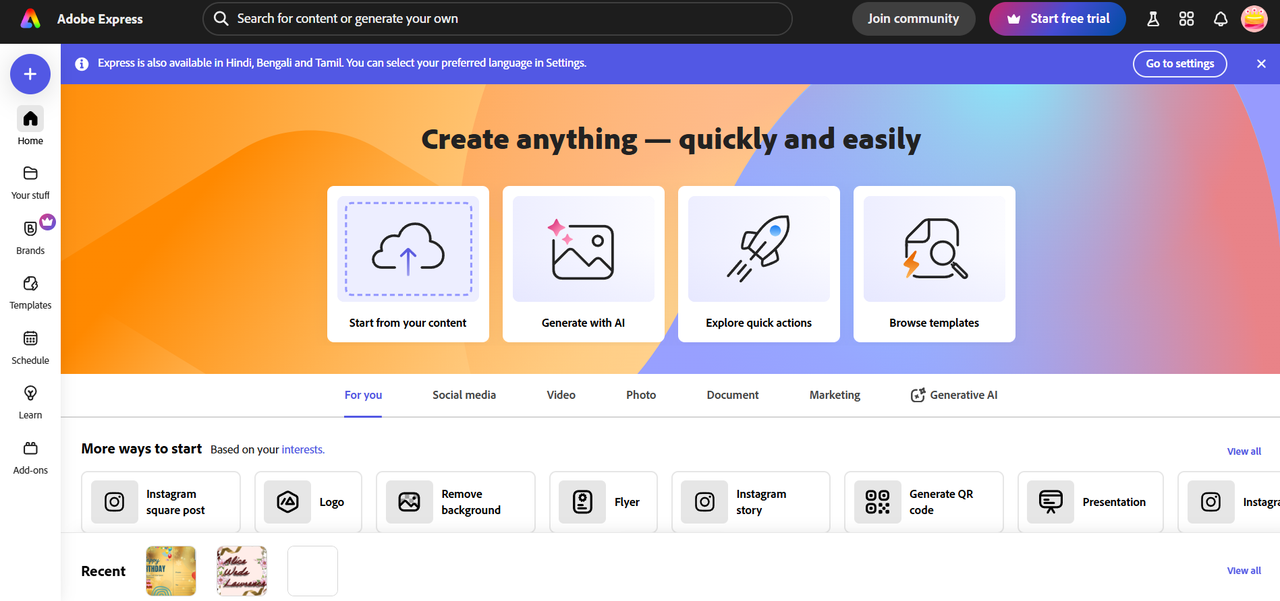 Adobe Express hemsida