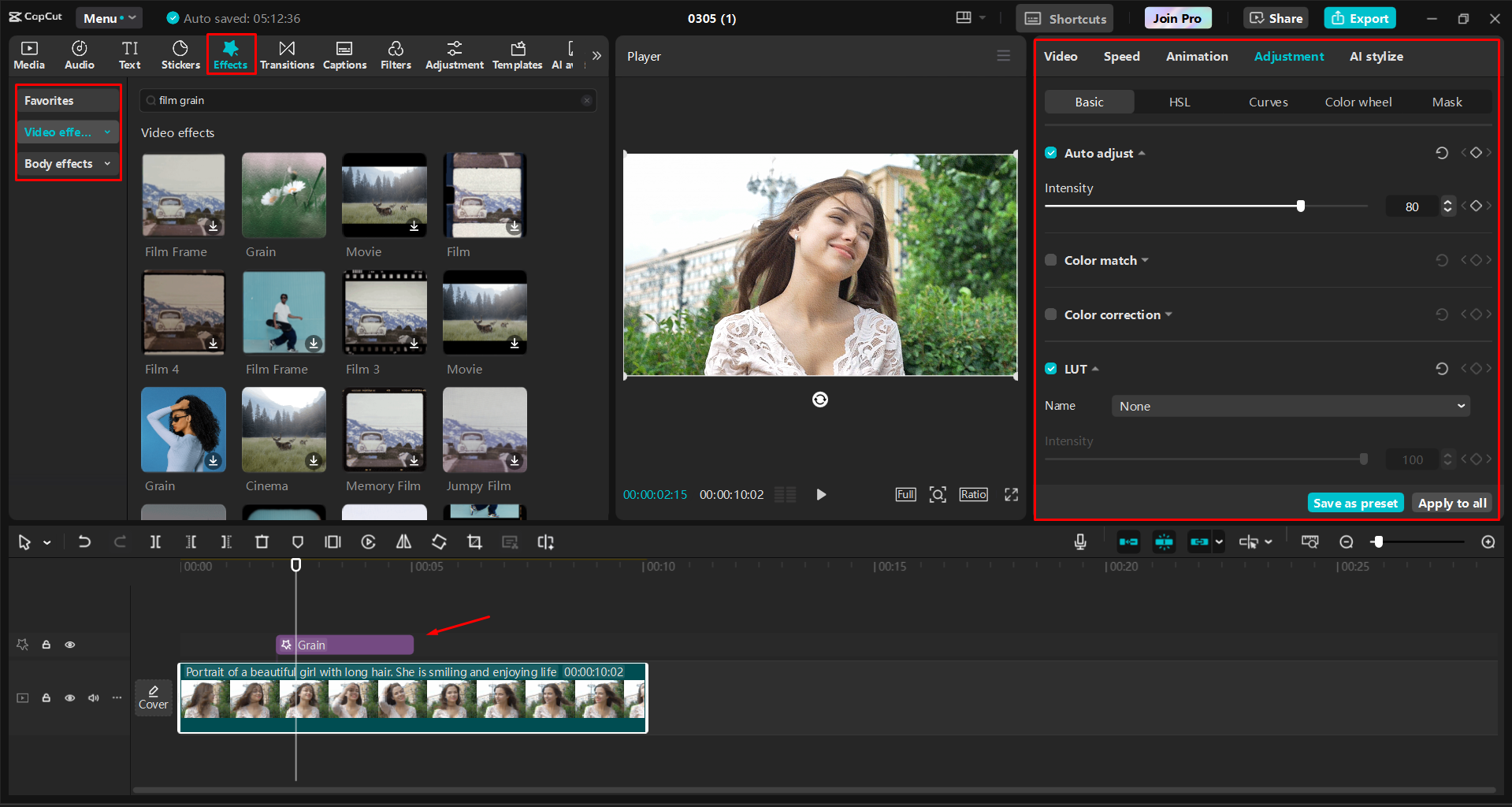 Pagdaragdag ng film grain effect sa mga video sa CapCut desktop video editor