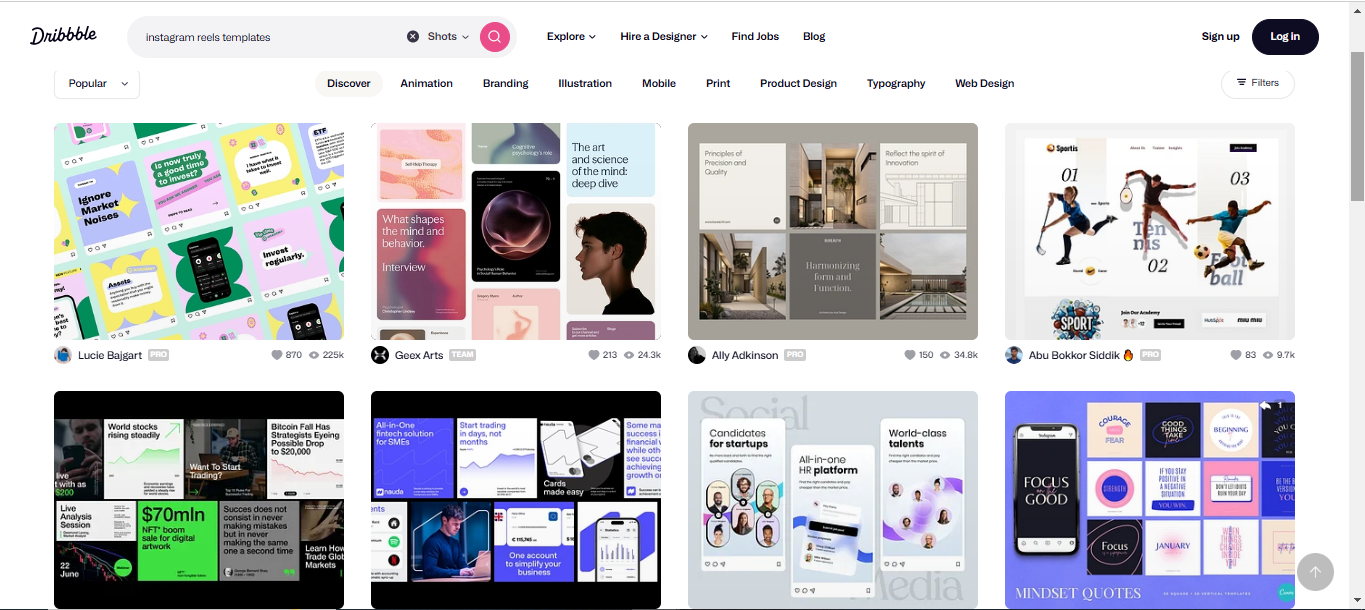 Interface of Dribbble - the best platform to get Instagram Reel overlay templates