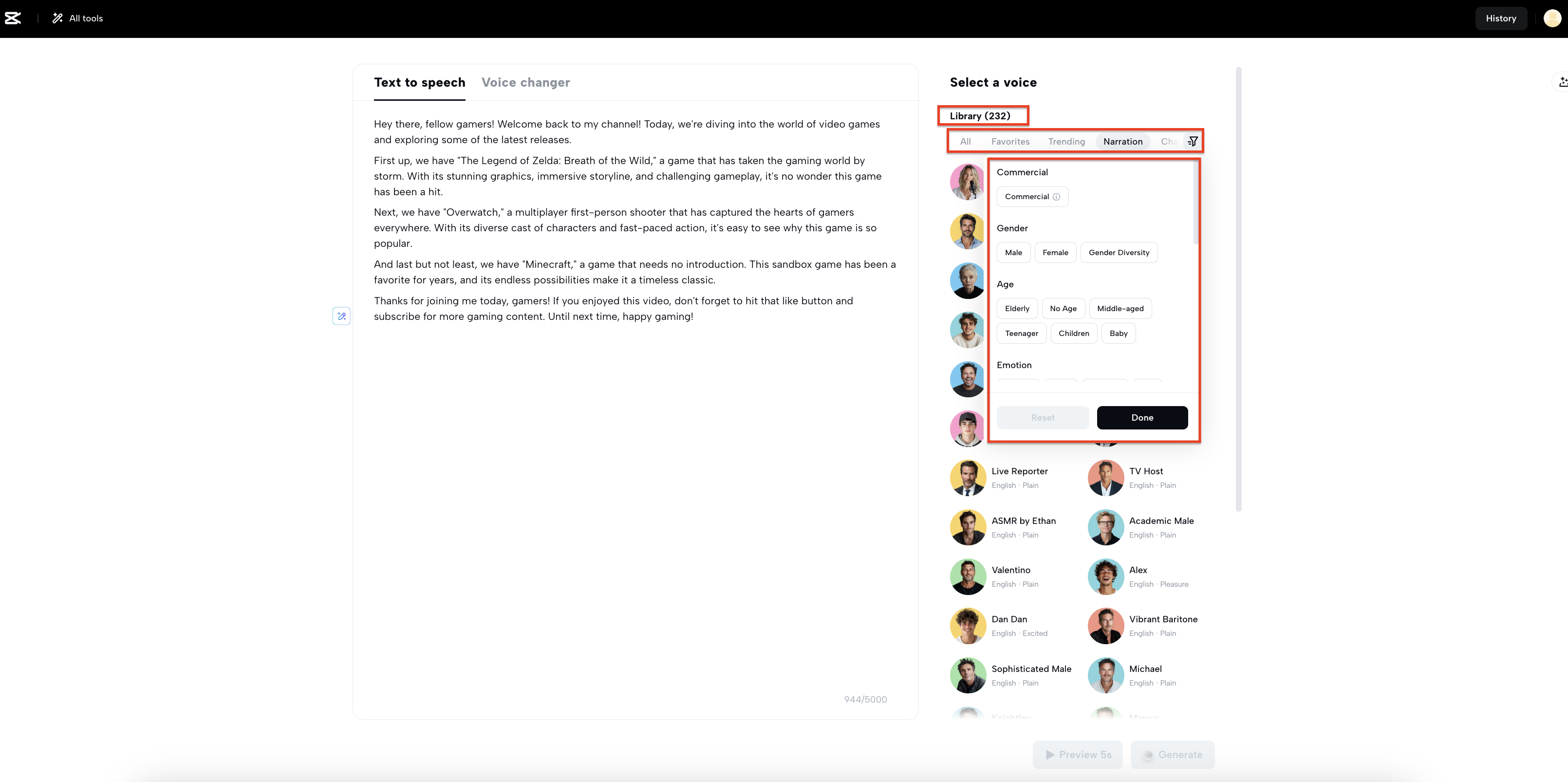 Multiple voice options with filters