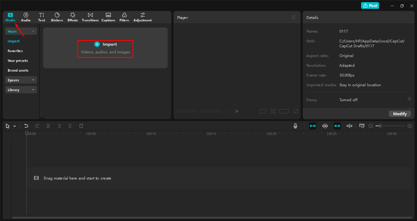 Uploading the video to the CapCut desktop video editor