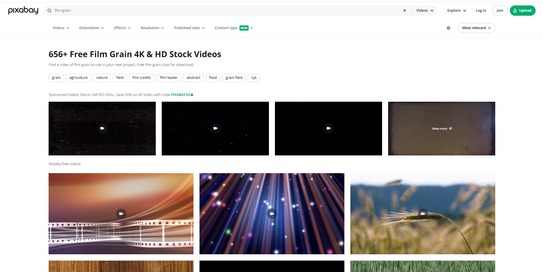 Interface of Pixabay - a quick way to download 35mm film grain overlays