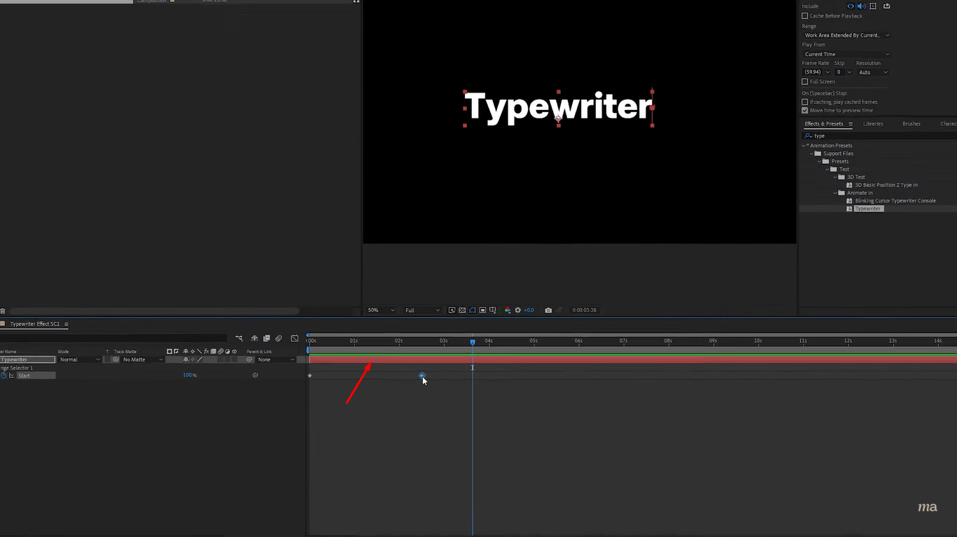 Sélection du calque de texte dans After Effects pour l'effet d'écriture de texte