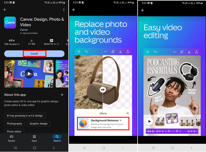 Interface of Canva - an easy-to-use Instagram reels editor for mobile