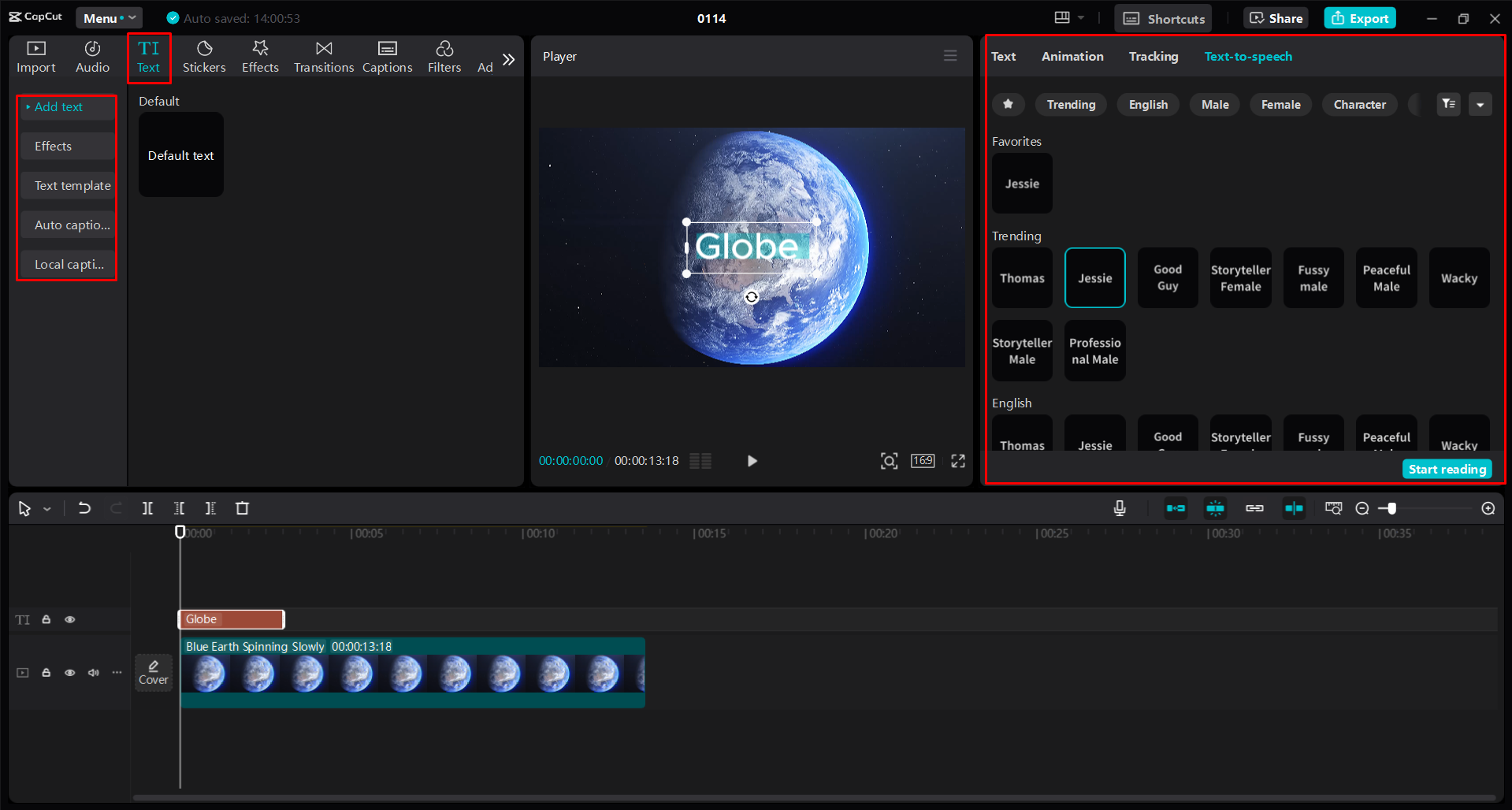 Generating voice characters with text to speech in the CapCut desktop video editor