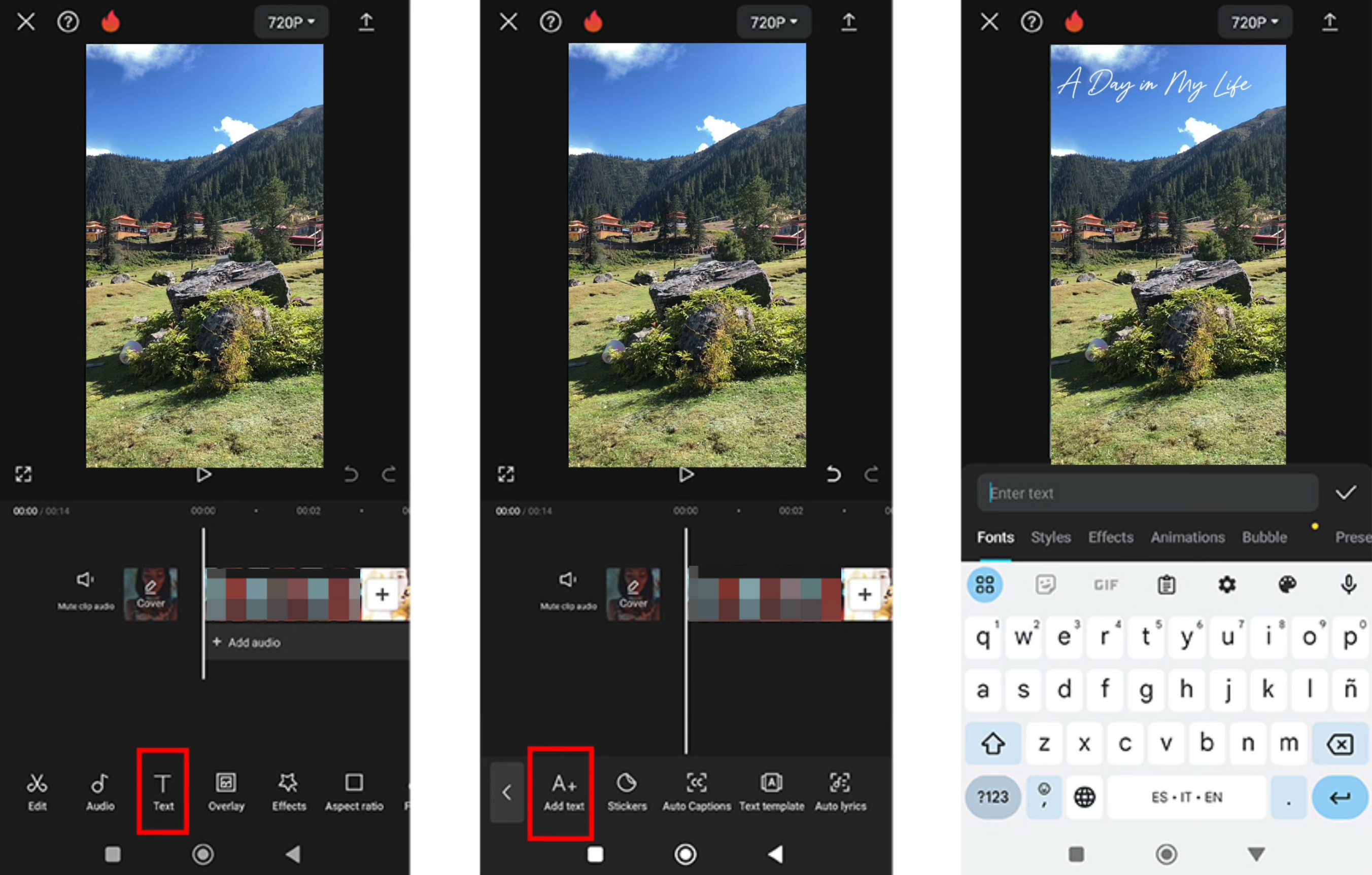 CapCut-mobiilivideoeditorin käyttöliittymä, joka näyttää kuinka videoille kirjoitetaan tekstiä