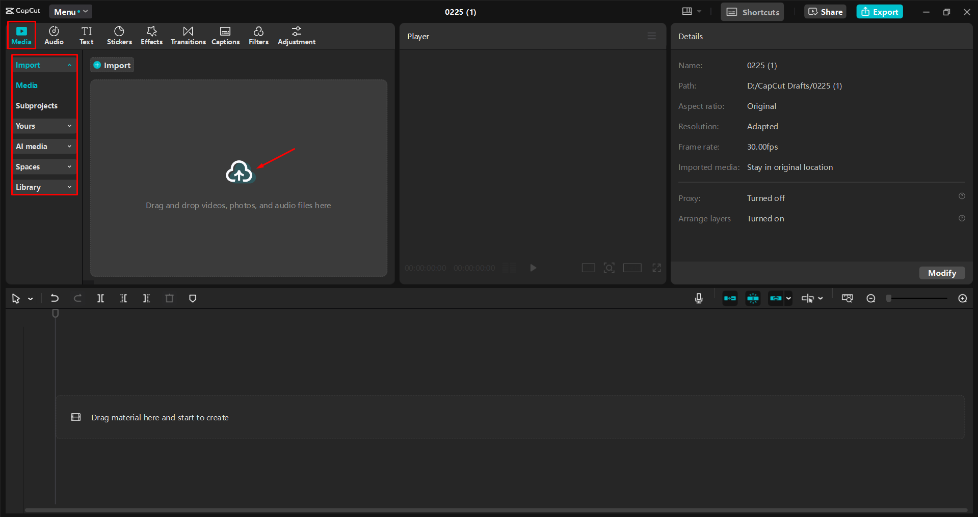 Importing a video into the CapCut desktop video editor