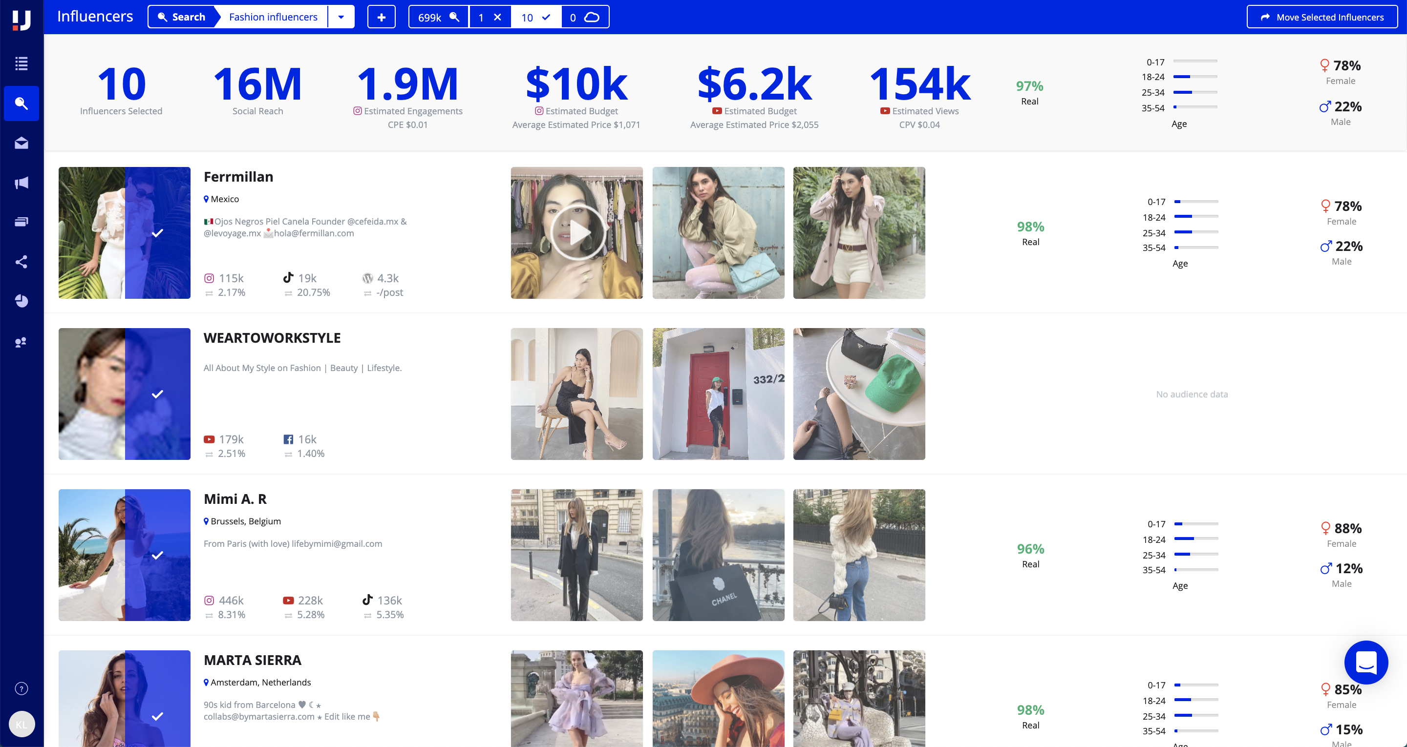 Interface of Upfluence - the well known TikTok profile analysis with influencer marketing feature