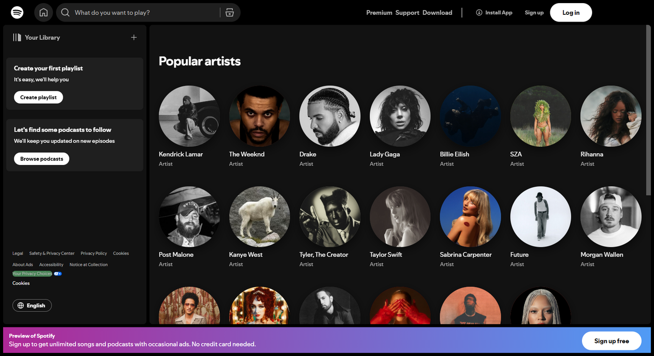 Spotify介面上的流行藝術家